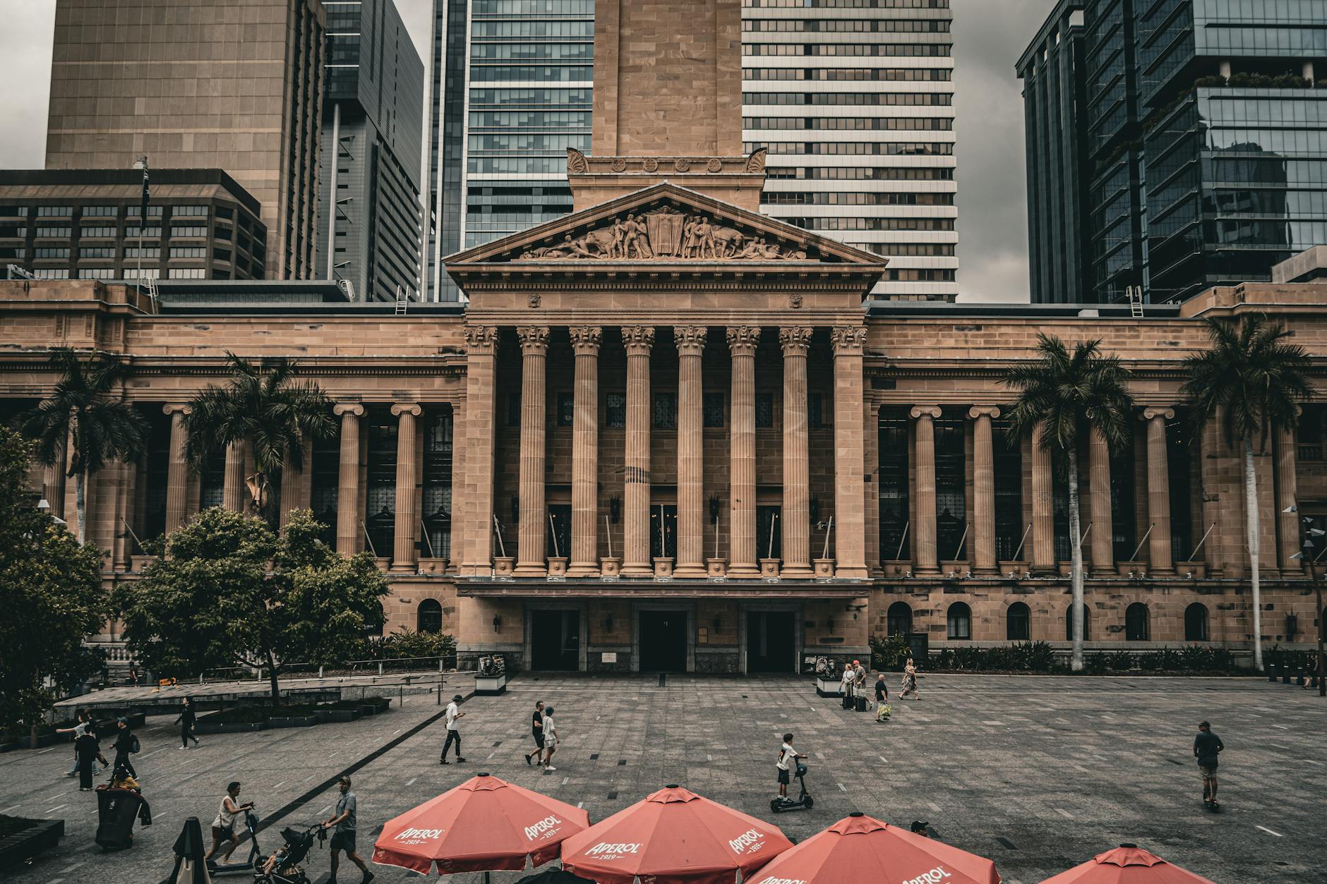 Brisbane City Hall plaza for business meeting and meal planning.