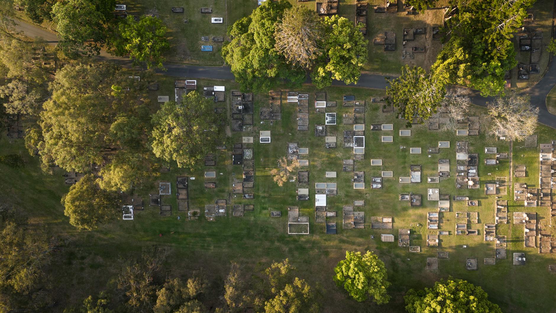 Aerial view of Toowong Cemetery in Brisbane for health and walking-distance planning.