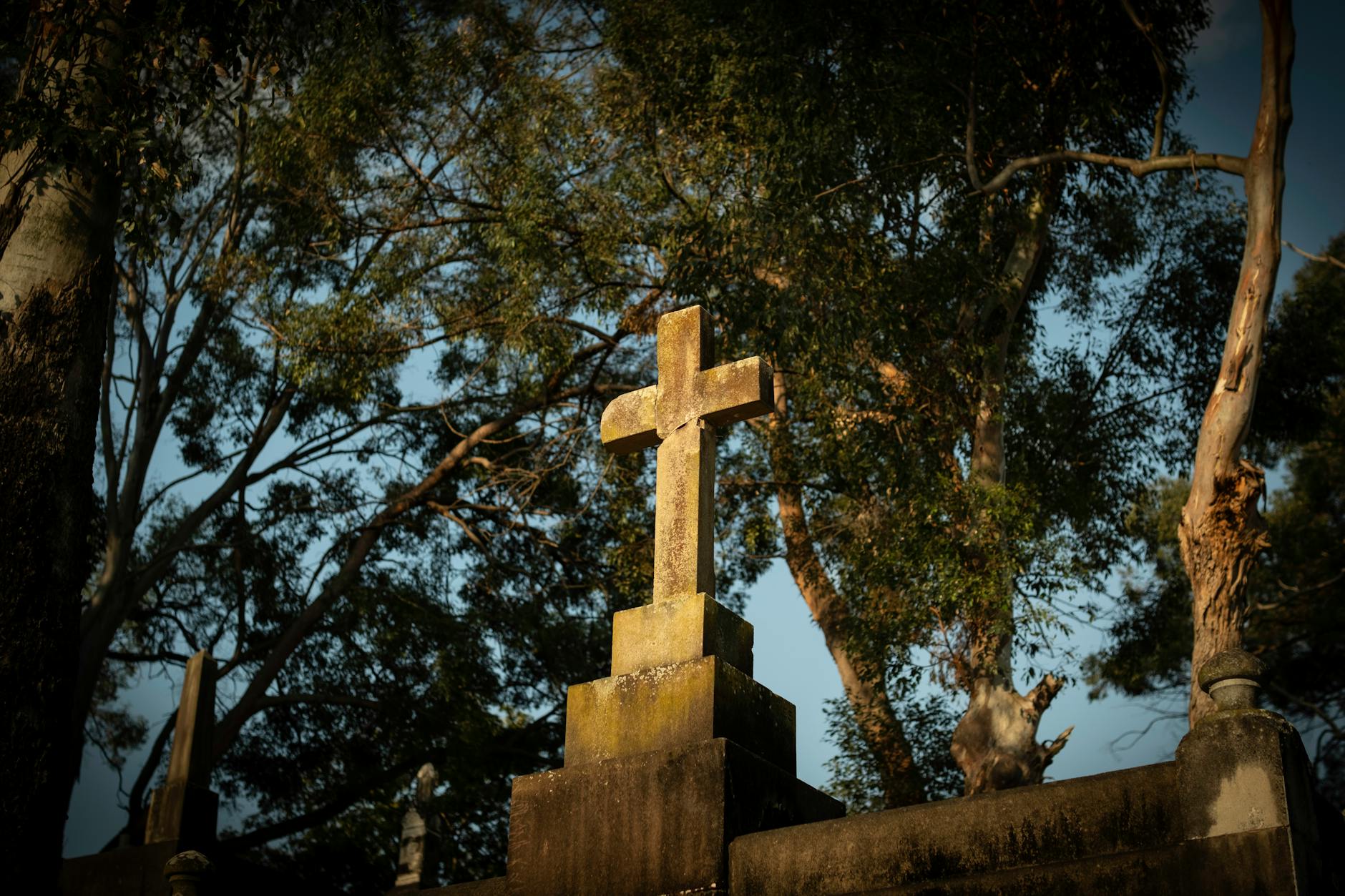 Moss-covered cemetery cross for Brisbane visitor etiquette planning.