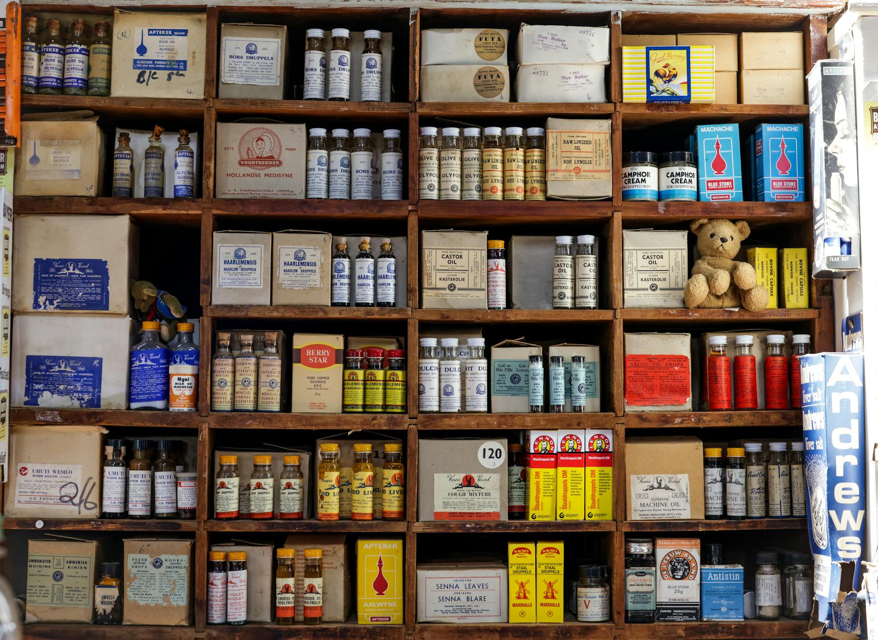 Pharmacy shelf for medication and document planning.