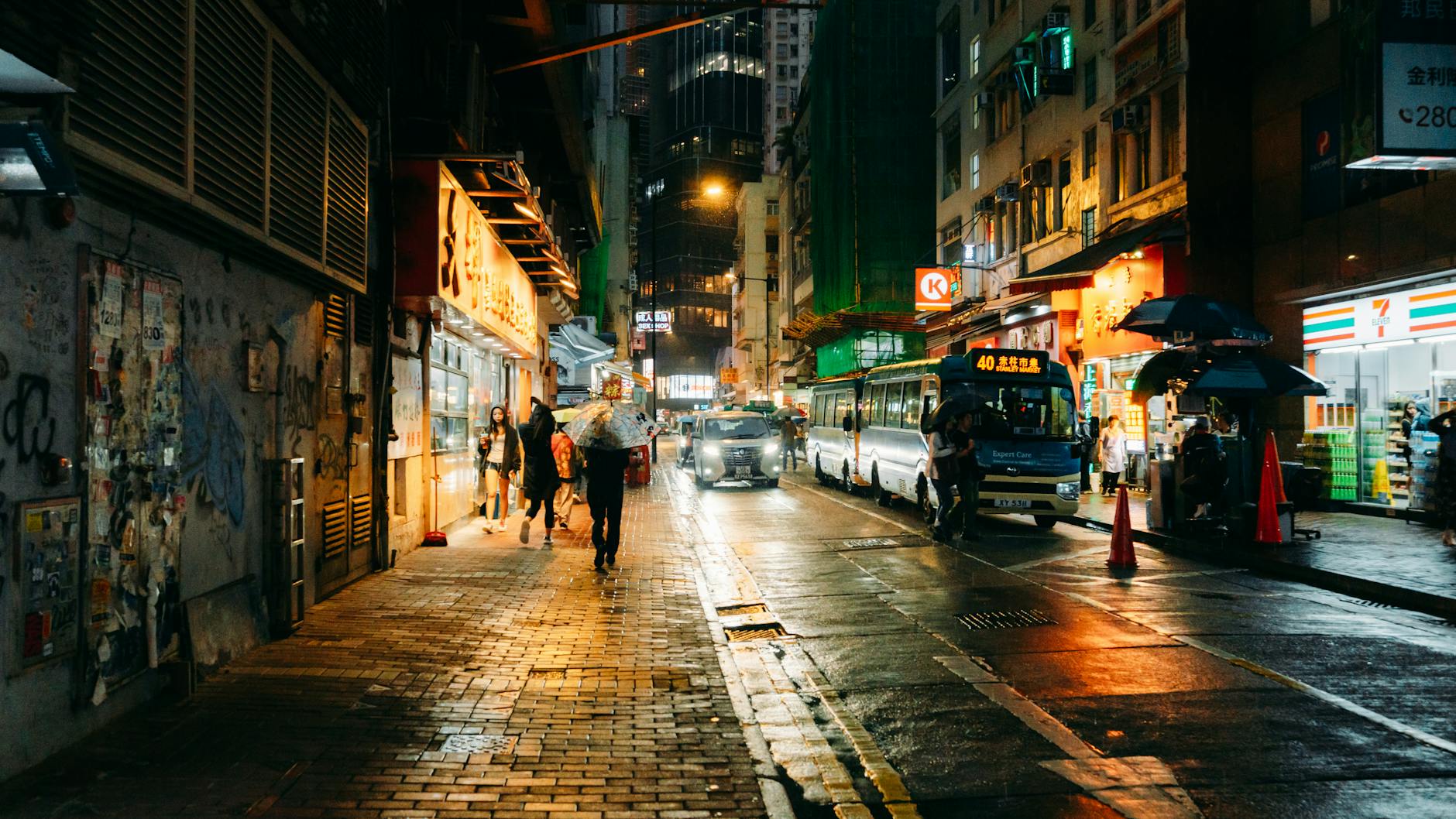 Central Hong Kong rainy street and mobility-limited traveler planning context.