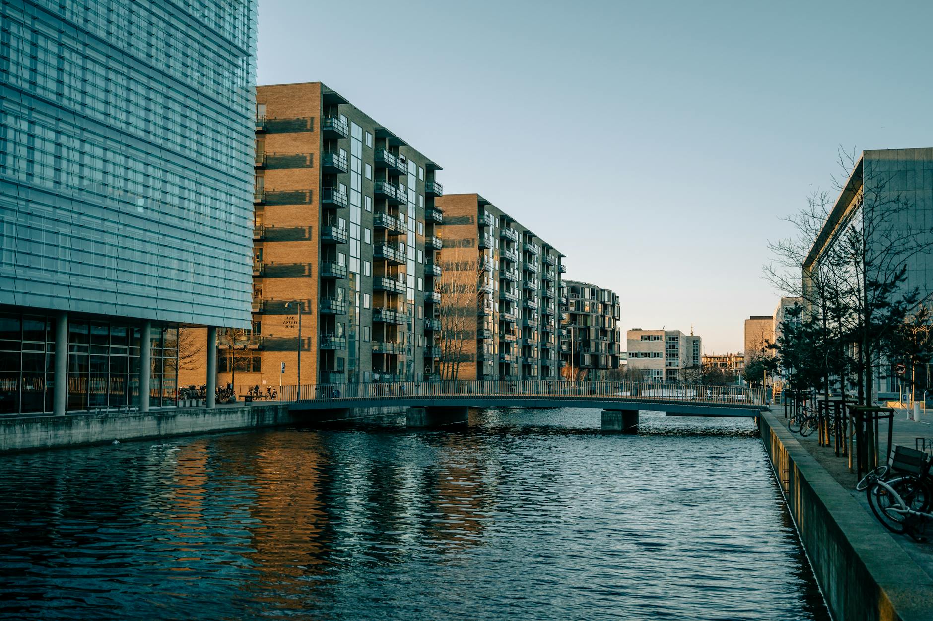 Copenhagen urban canal and modern architecture for outdoor route planning.