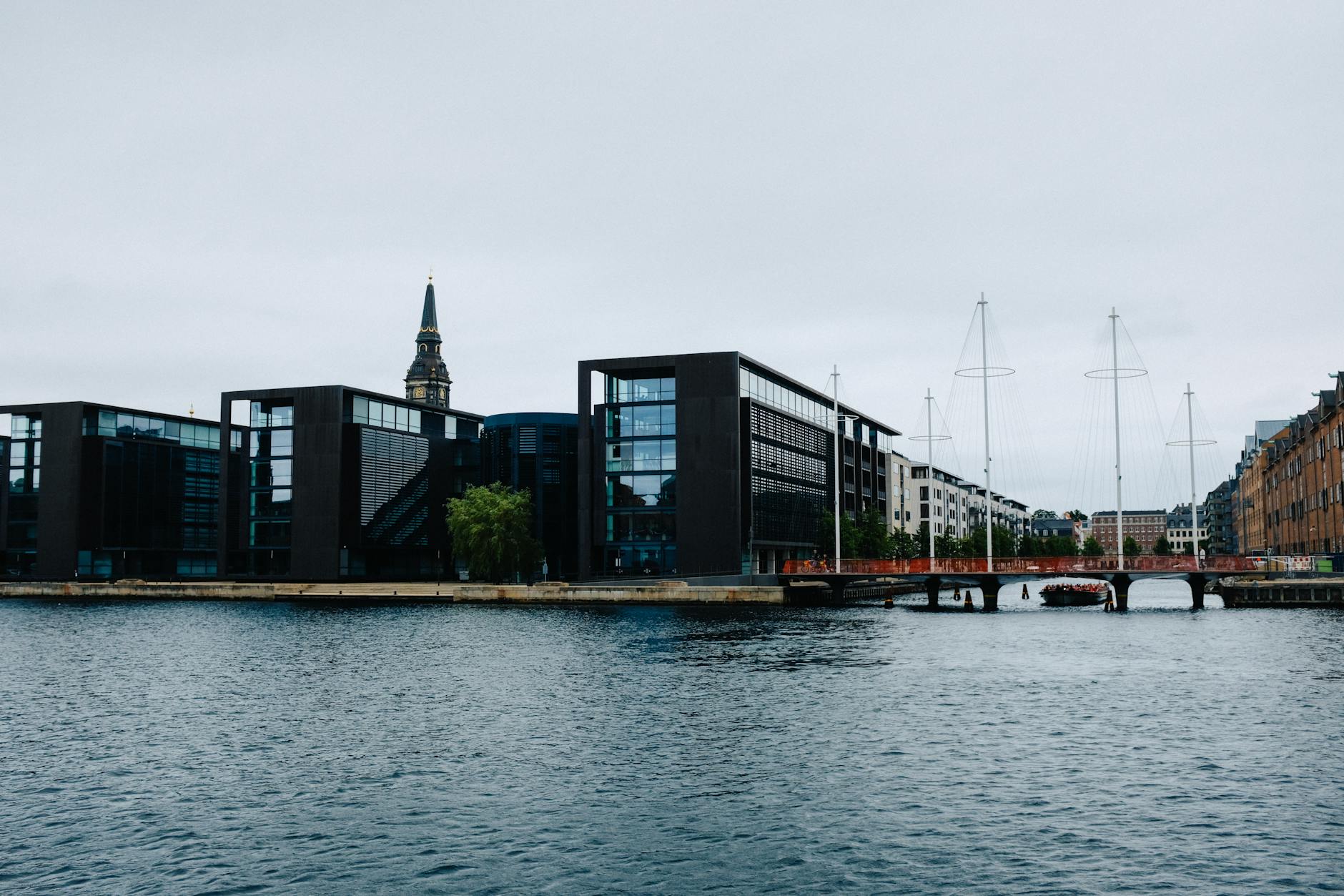 Copenhagen waterfront bridge and modern buildings for business geography planning.