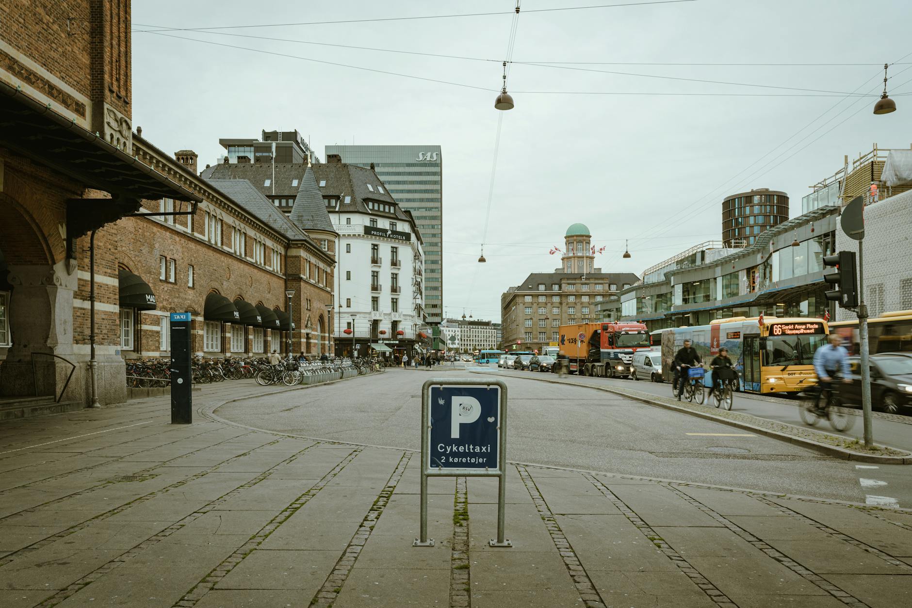Copenhagen street architecture and transport for business travel report planning.
