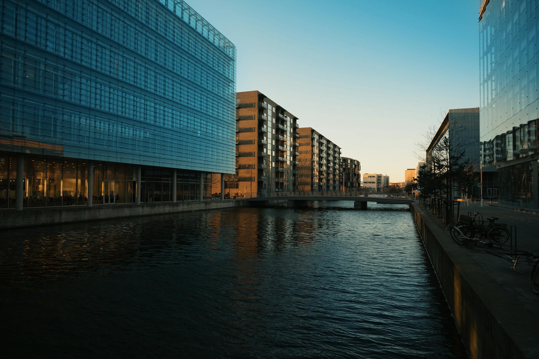 Modern Copenhagen waterfront buildings for investor meal planning.