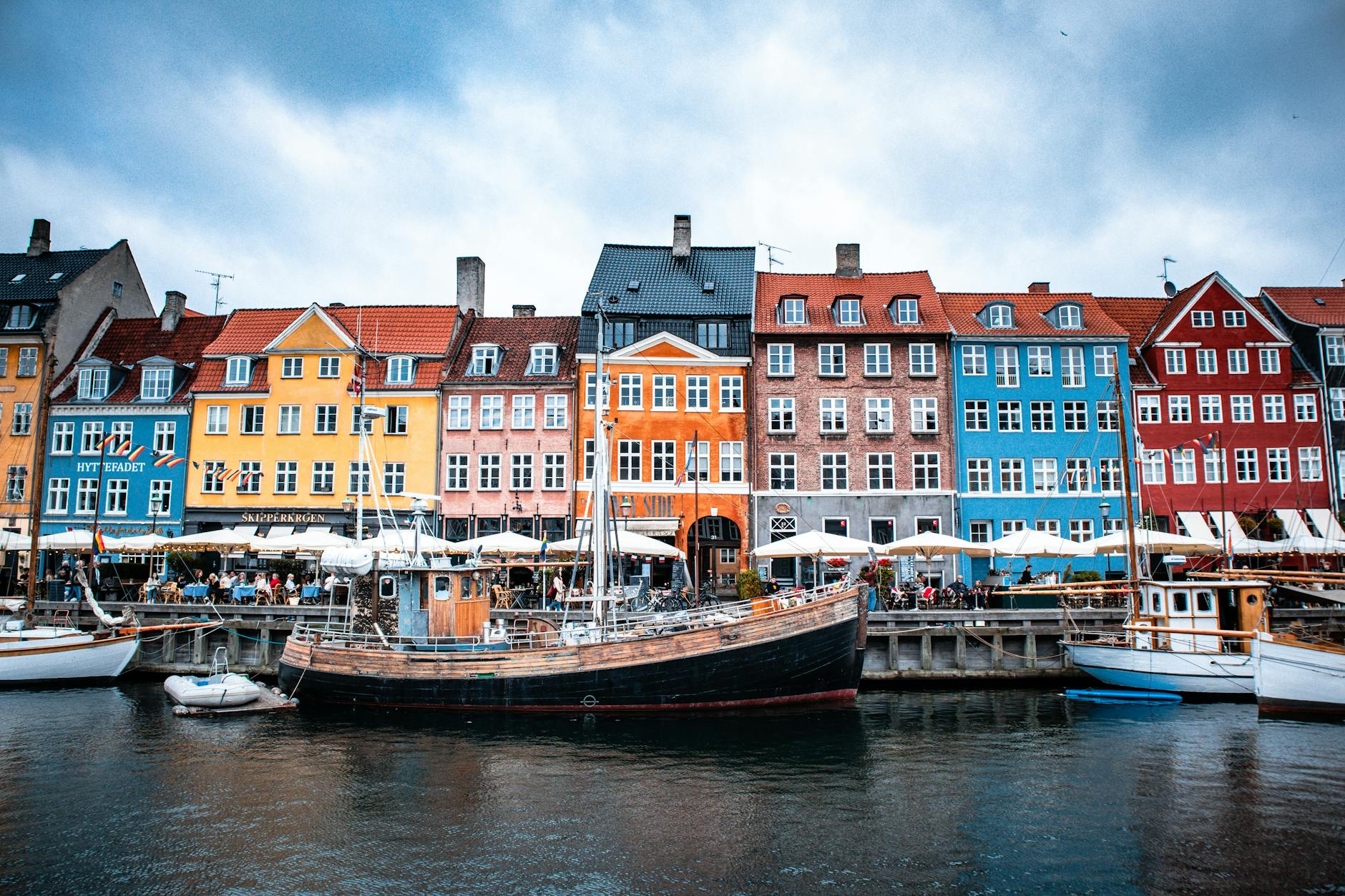 Nyhavn townhouses in Copenhagen for tourist sightseeing planning.