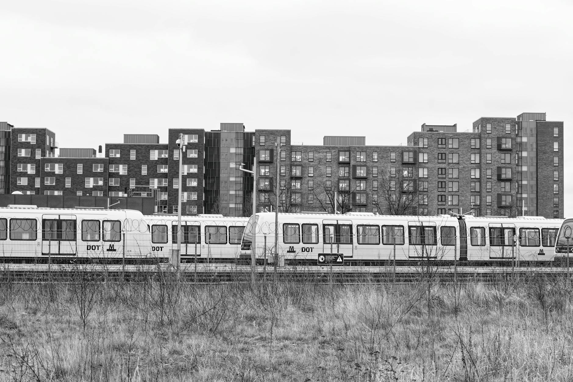 Train passing modern Copenhagen buildings for tourist departure planning.