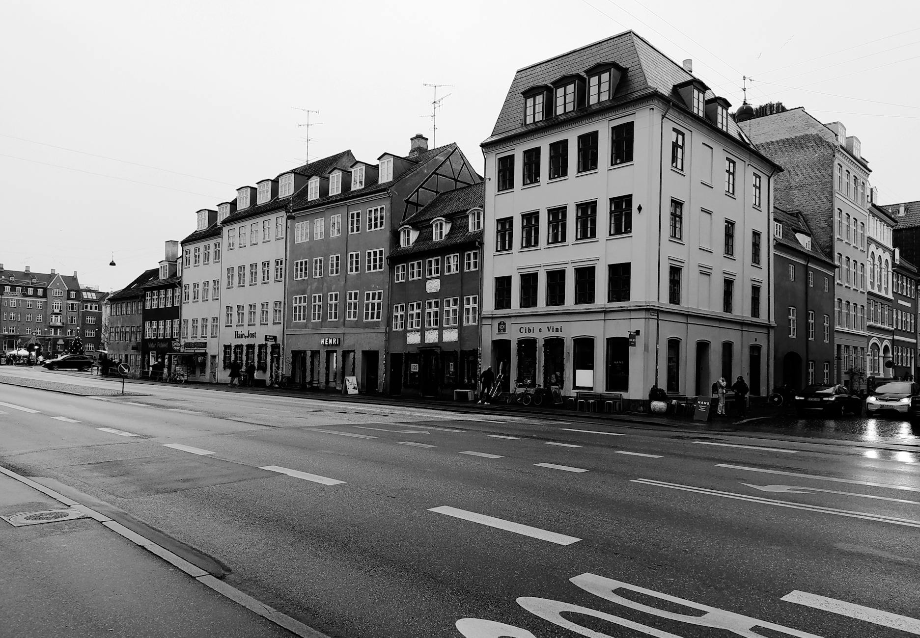 Classic Copenhagen street buildings for tourist movement planning.