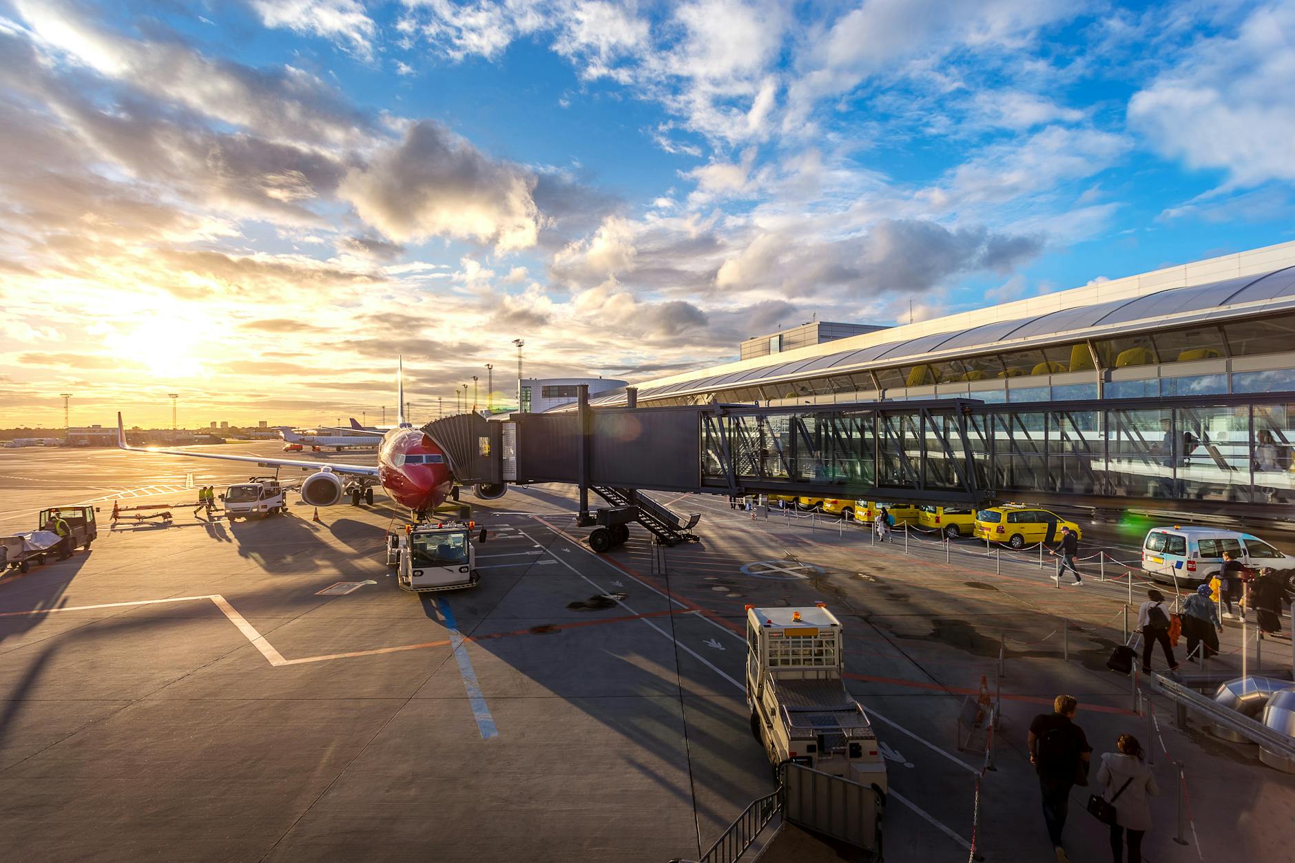 Copenhagen airport at sunset for medically constrained departure planning.