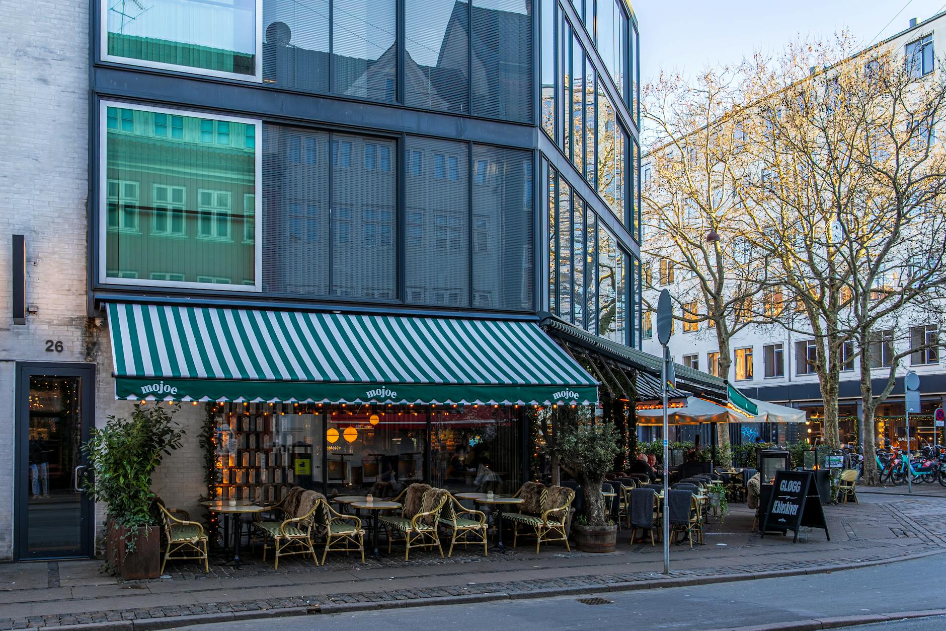 Copenhagen cafe with awnings for rest-stop planning.