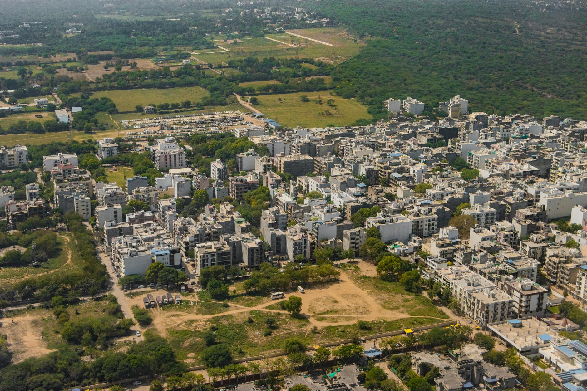 Aerial view of Gurugram for Delhi business-area planning.