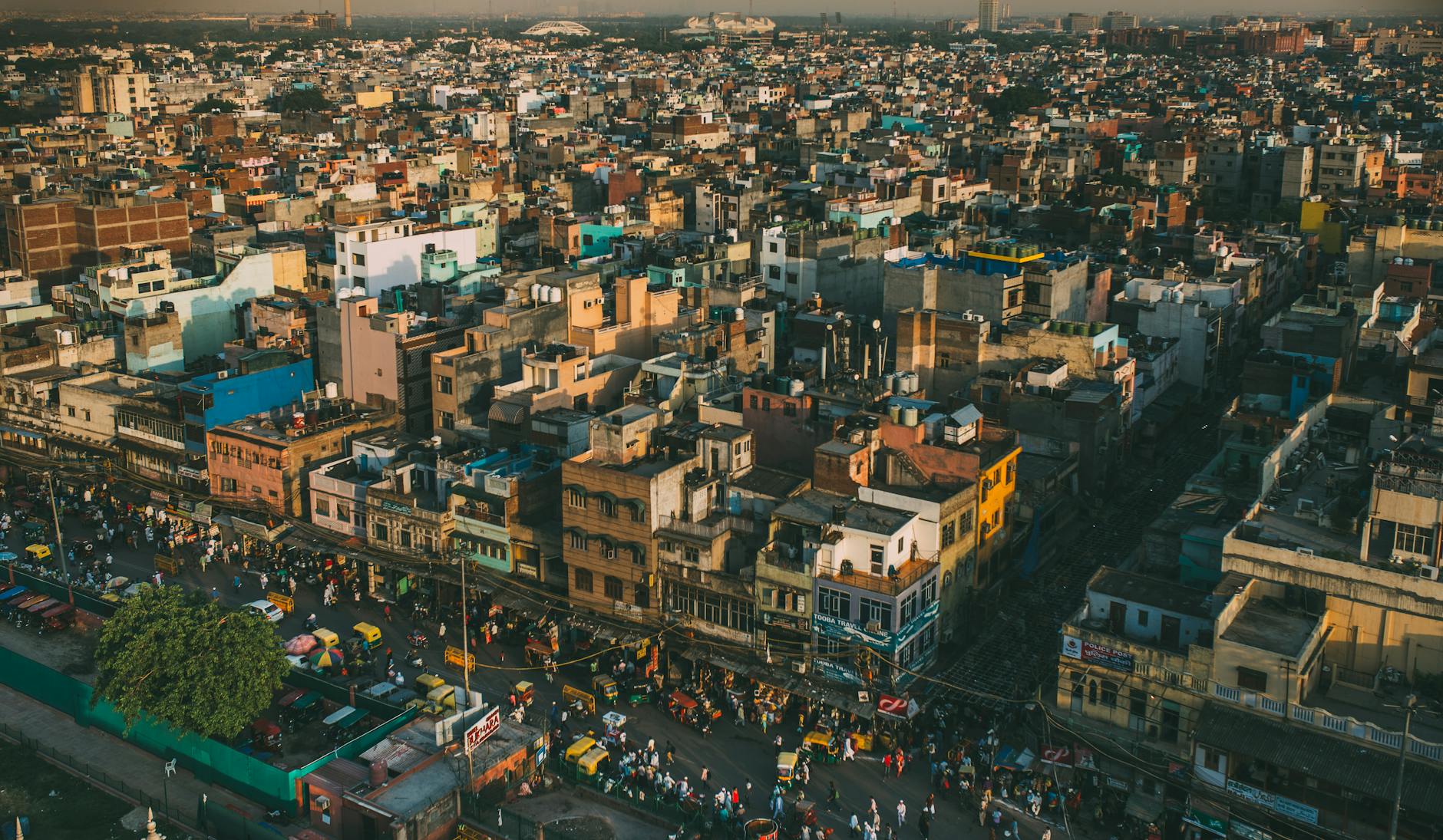 Aerial Delhi cityscape for first-time visitor hotel area planning.