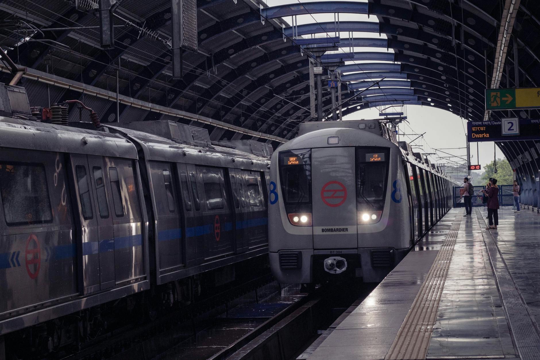 Delhi Metro train arriving at a station for first-time movement planning.