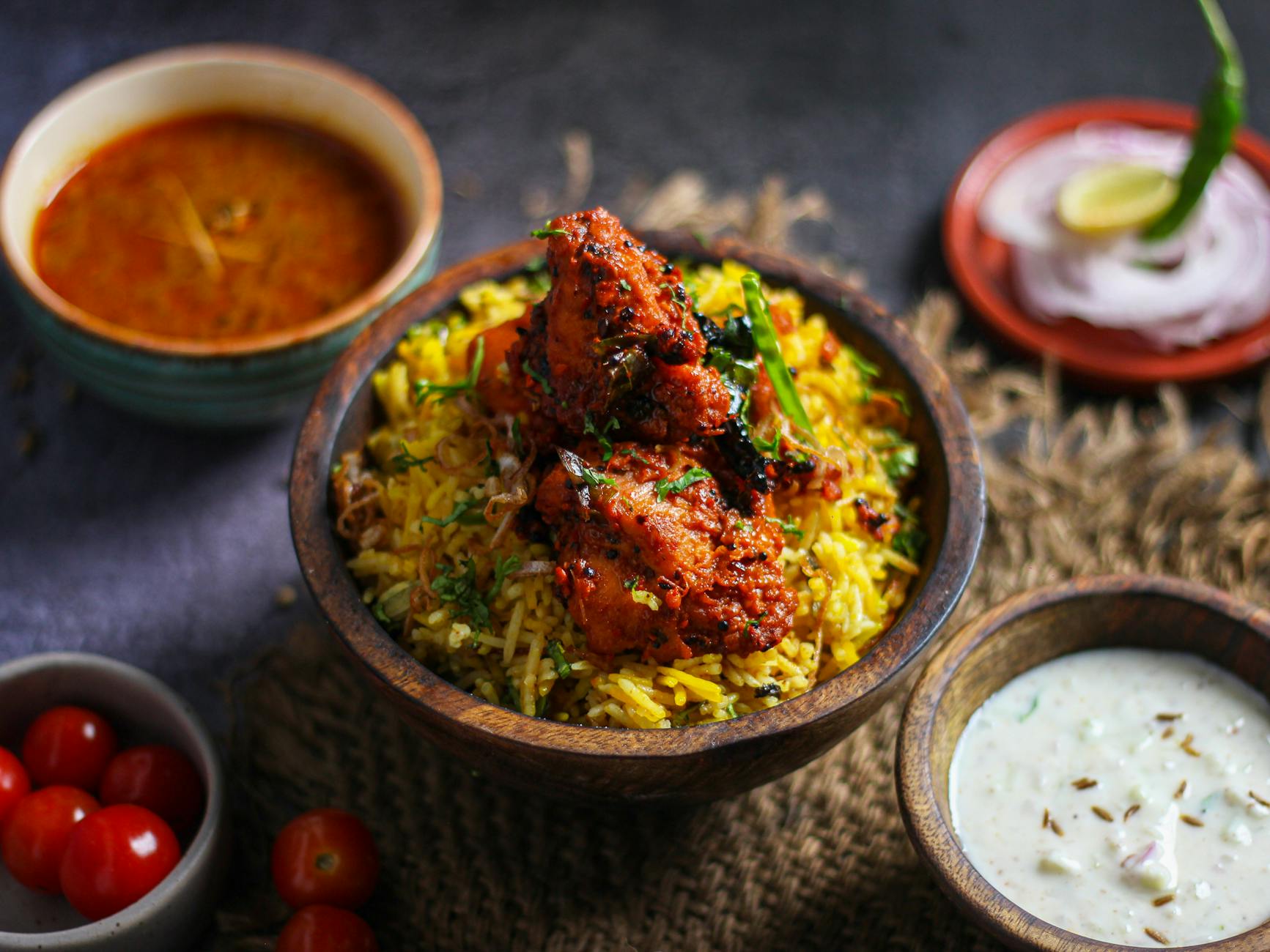 Indian biryani and accompaniments for Delhi luxury dining planning.