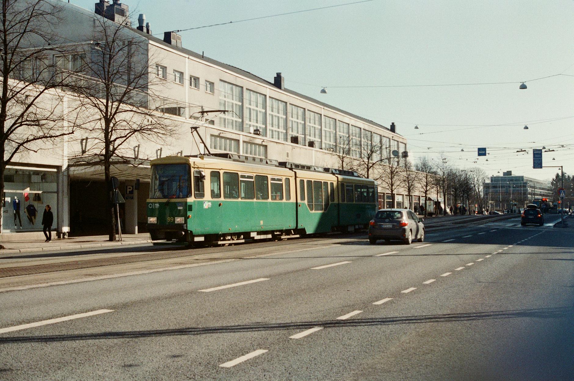 Classic Helsinki tram for budget travel planning.