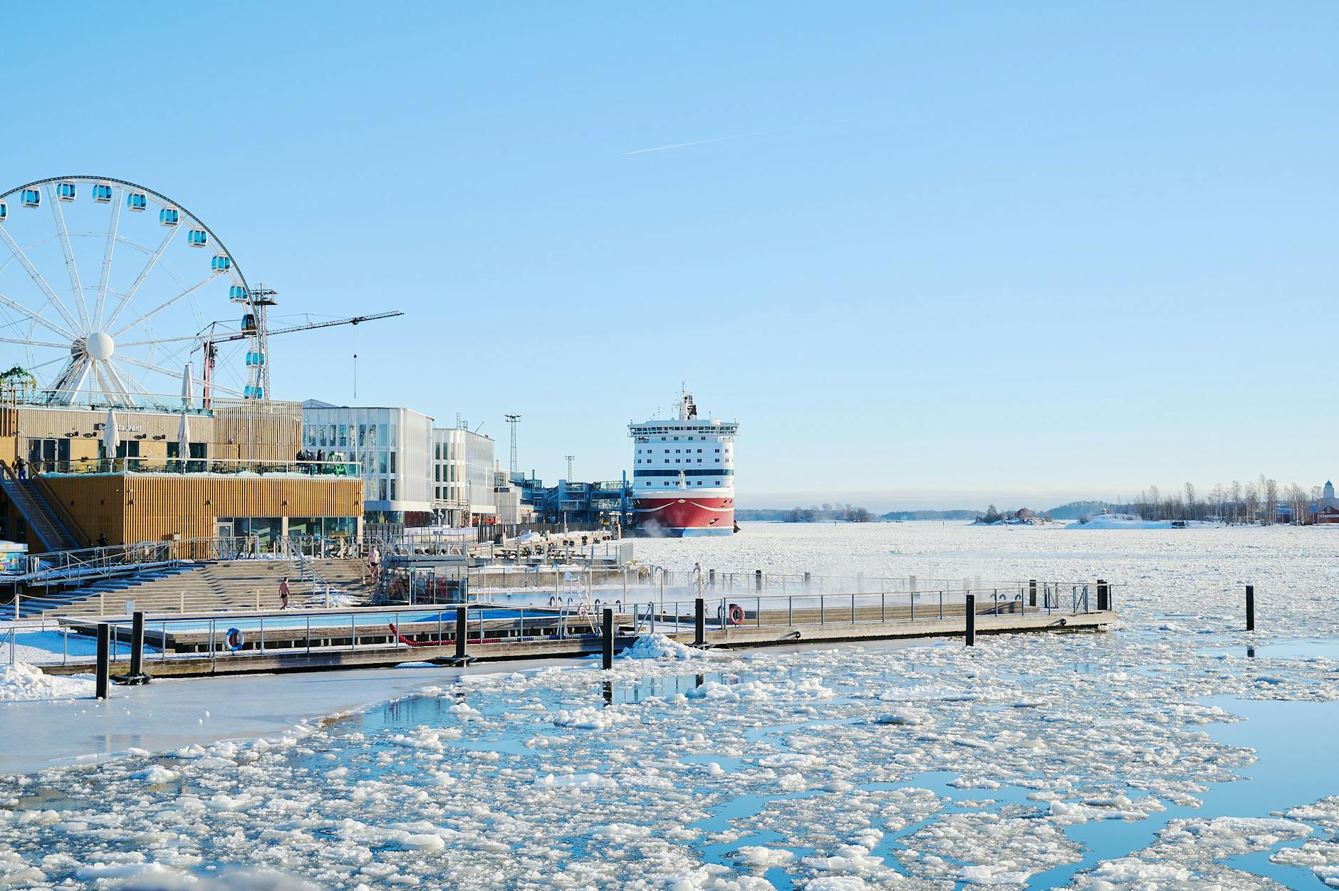 Frozen Helsinki harbor and Ferris wheel for budget weather planning.