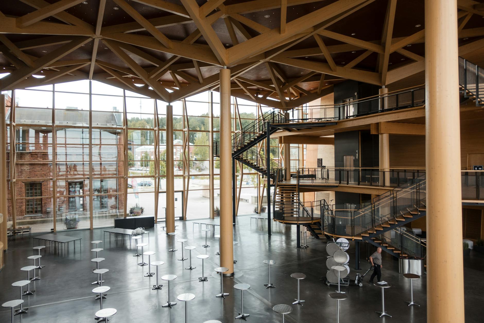 Modern Finnish atrium for conference lodging and venue planning.