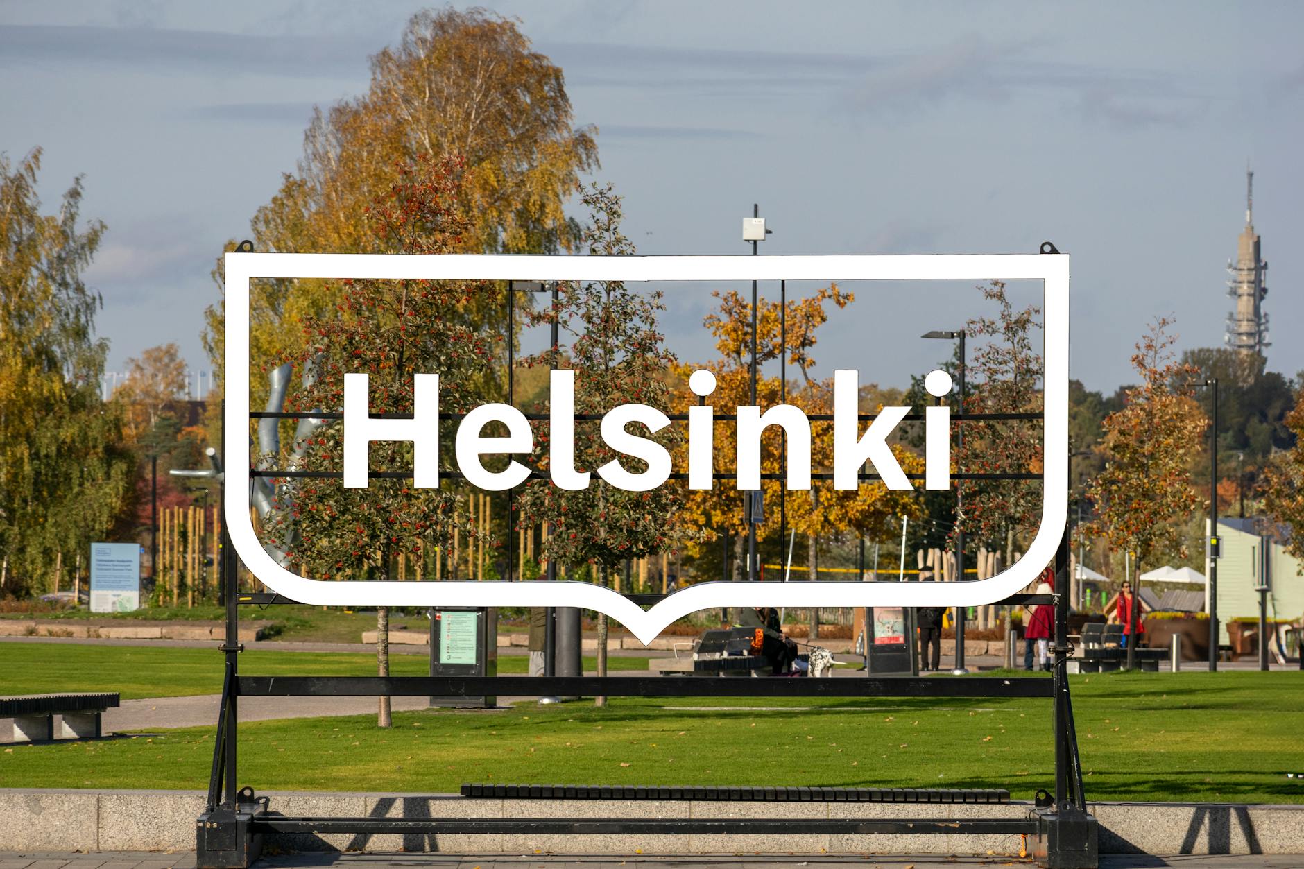 Autumn park in Helsinki for family outdoor pacing.