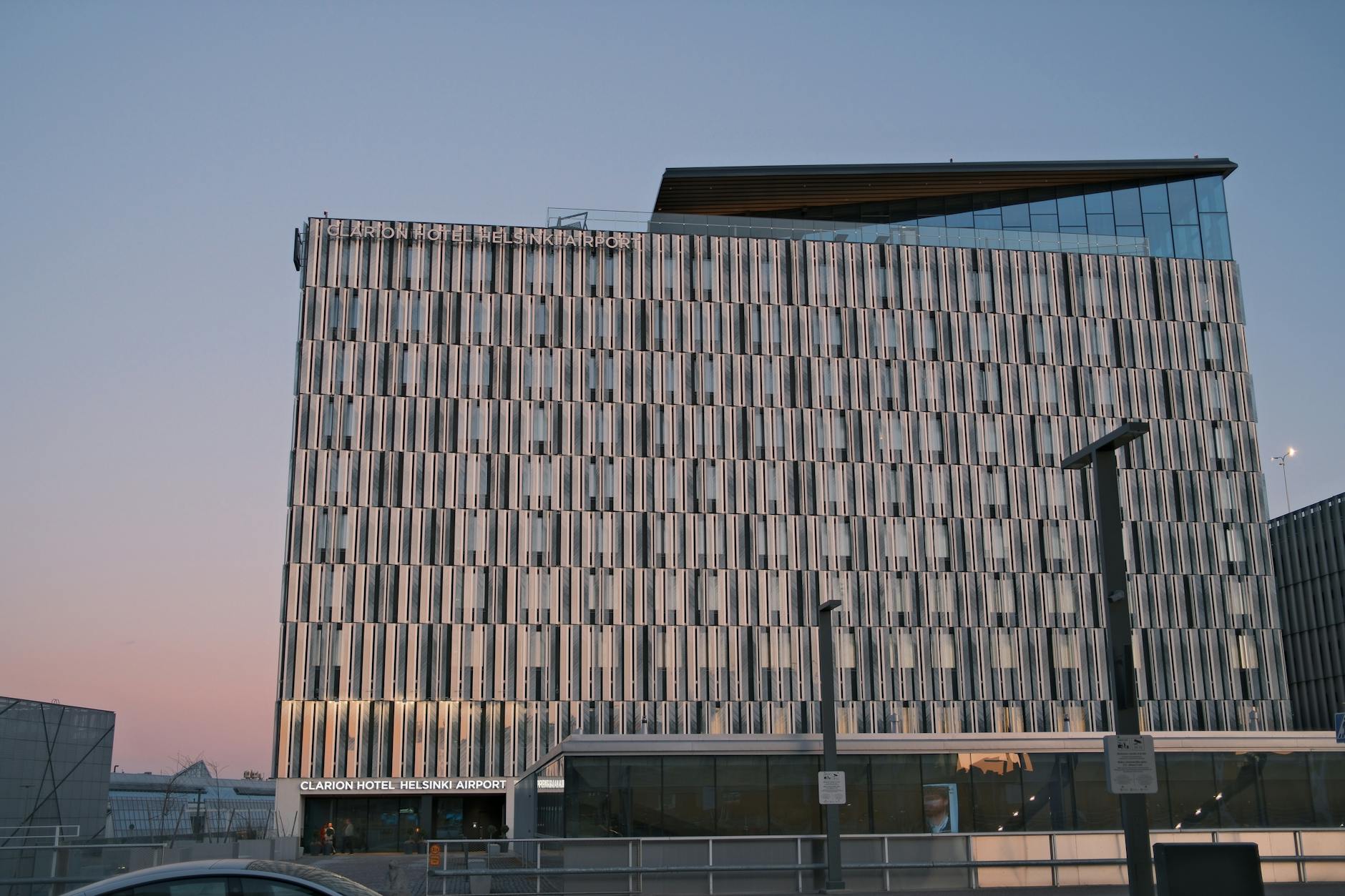 Clarion Hotel Helsinki Airport at sunset for luxury hotel and arrival planning.