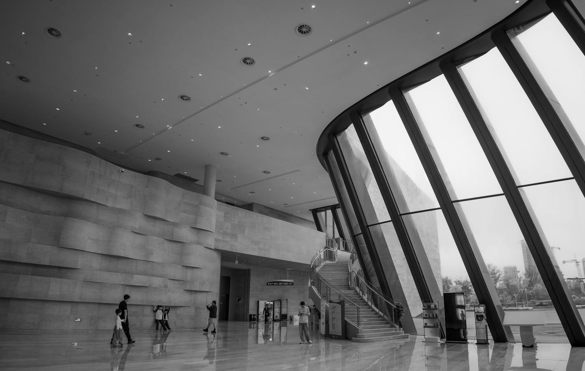 Modern exhibition interior for trade-show weather and transit planning.
