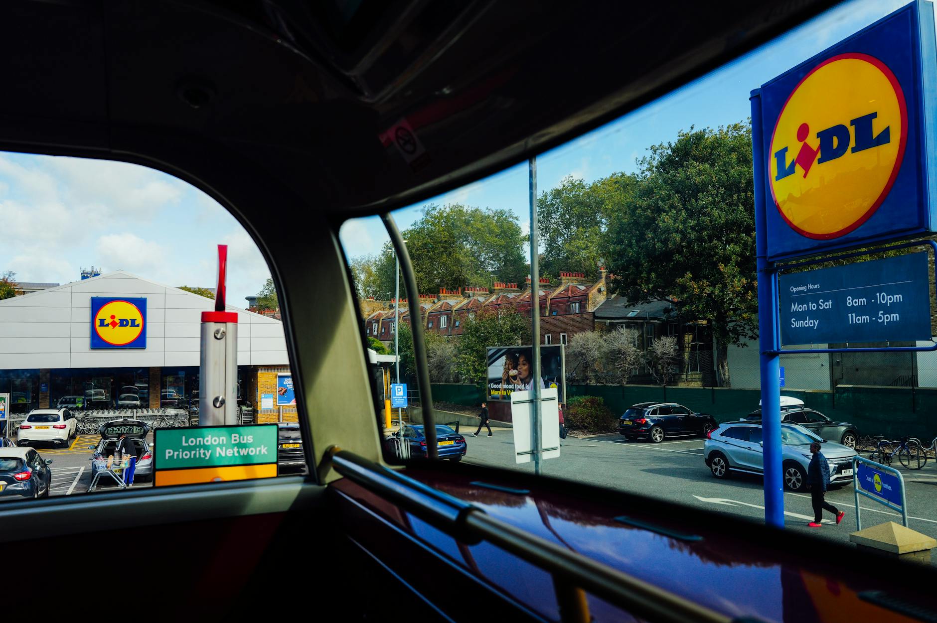 London Lidl storefront seen from a bus for low-cost food planning