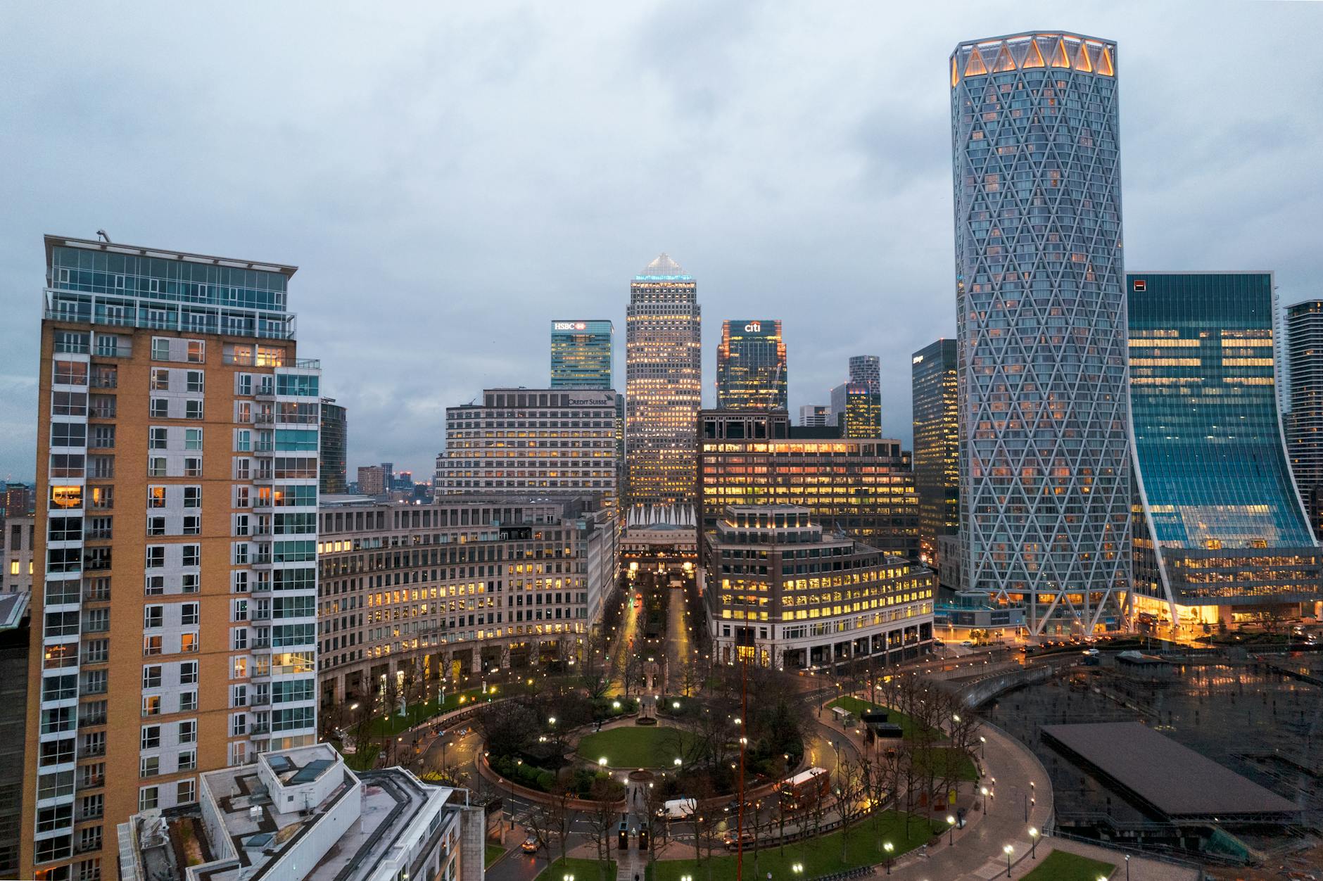 Canary Wharf skyline at dusk for London business-district planning
