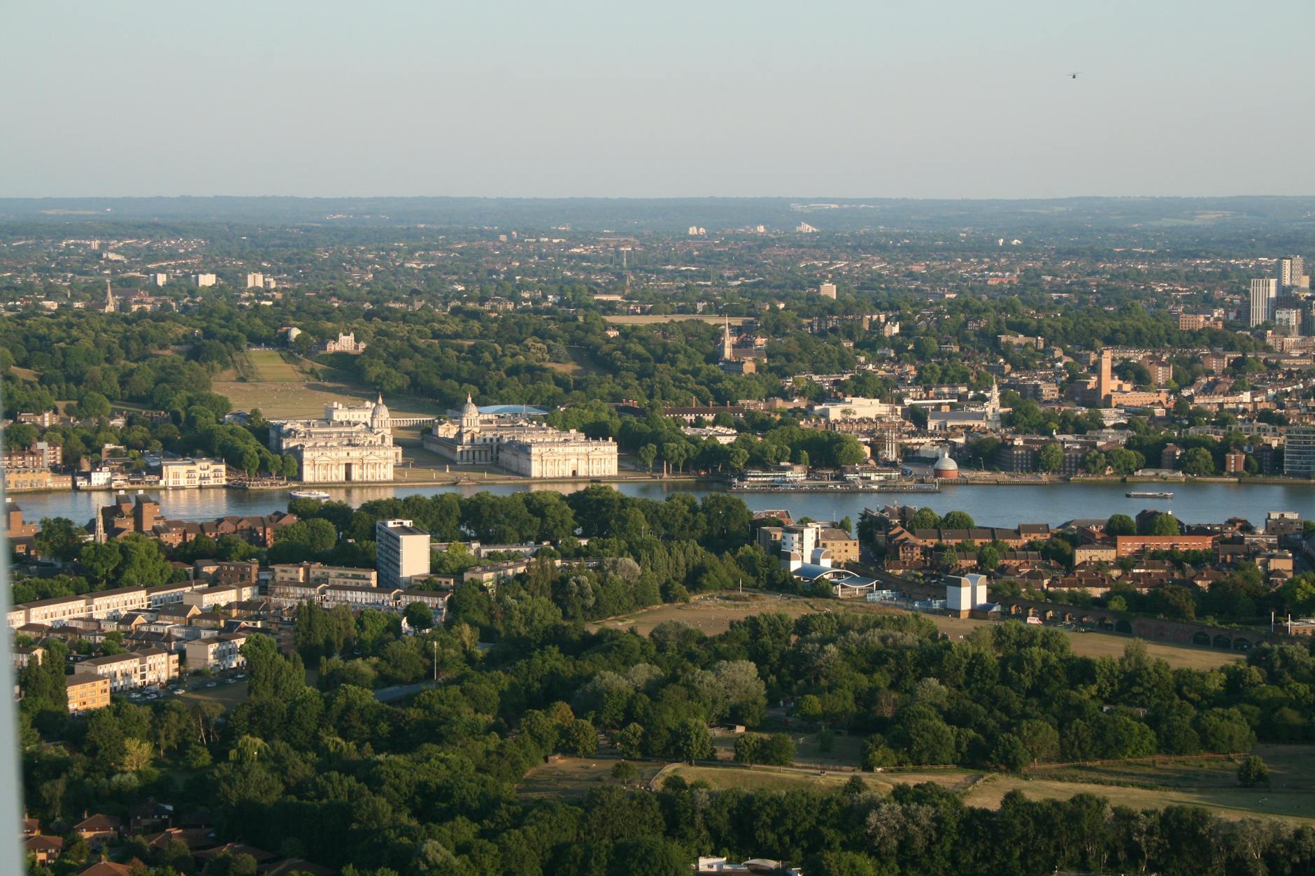 Aerial view of Greenwich, Isle of Dogs, and the River Thames