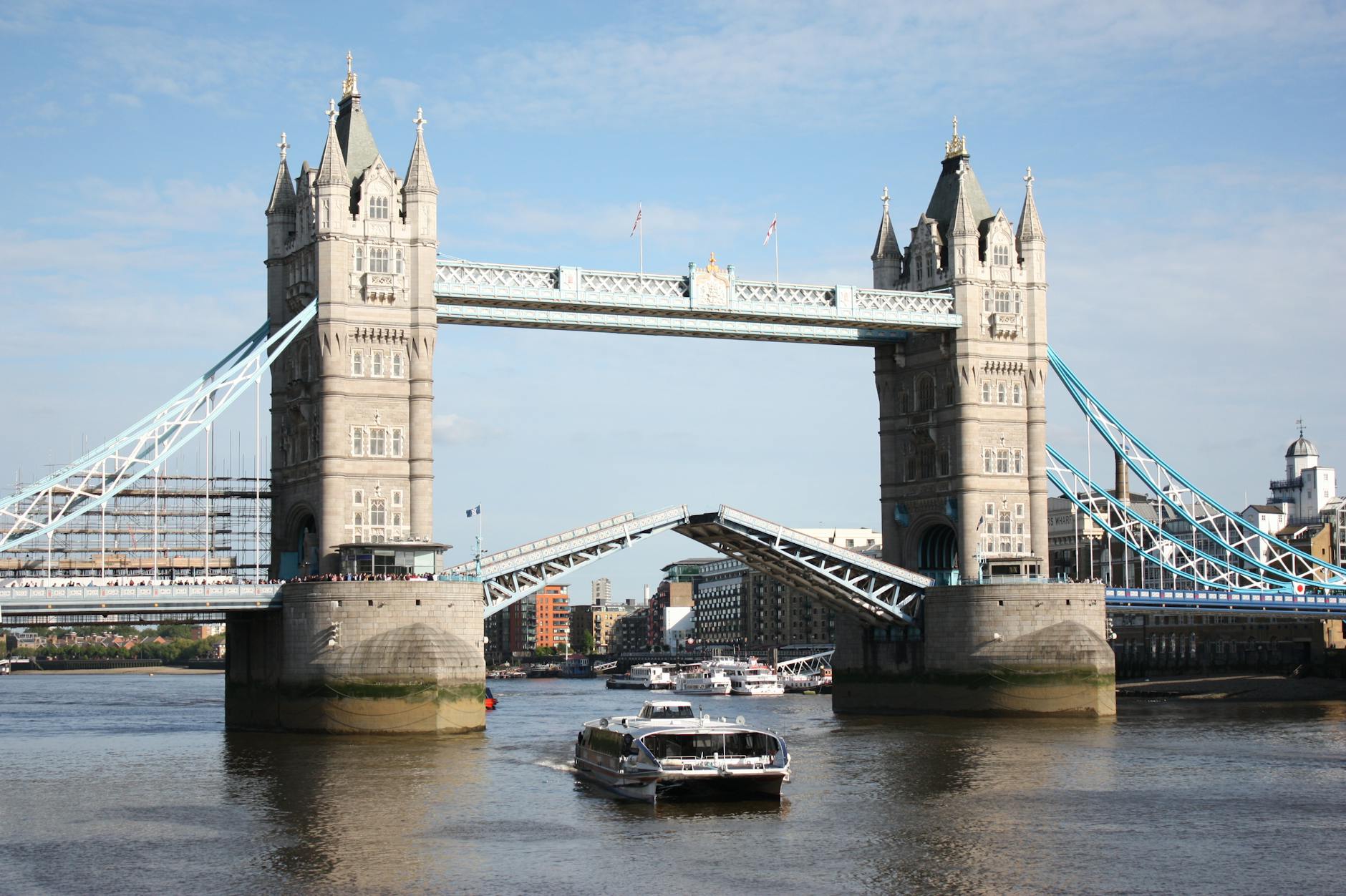 Tower Bridge raised for boat traffic on the River Thames