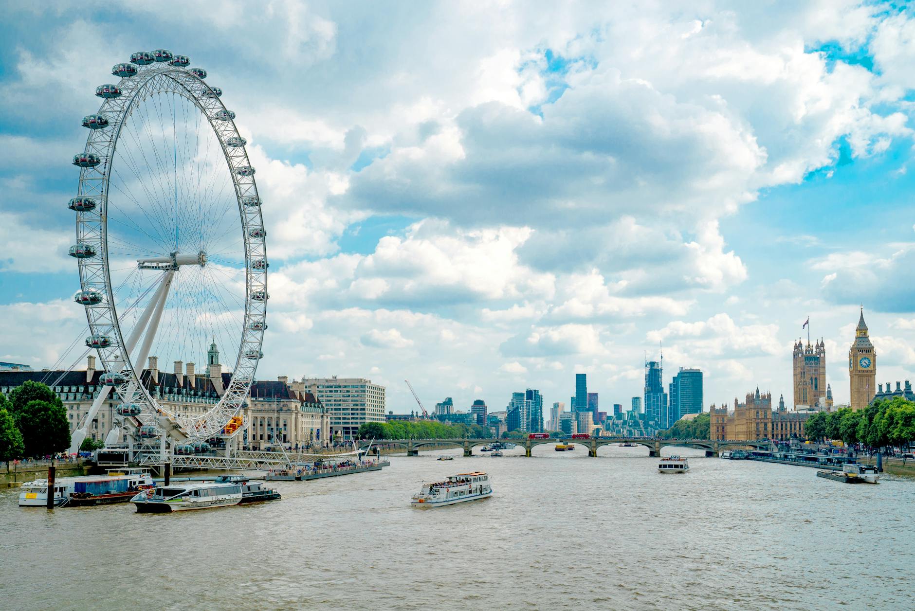 London skyline, London Eye, Big Ben, and River Thames for family trip planning