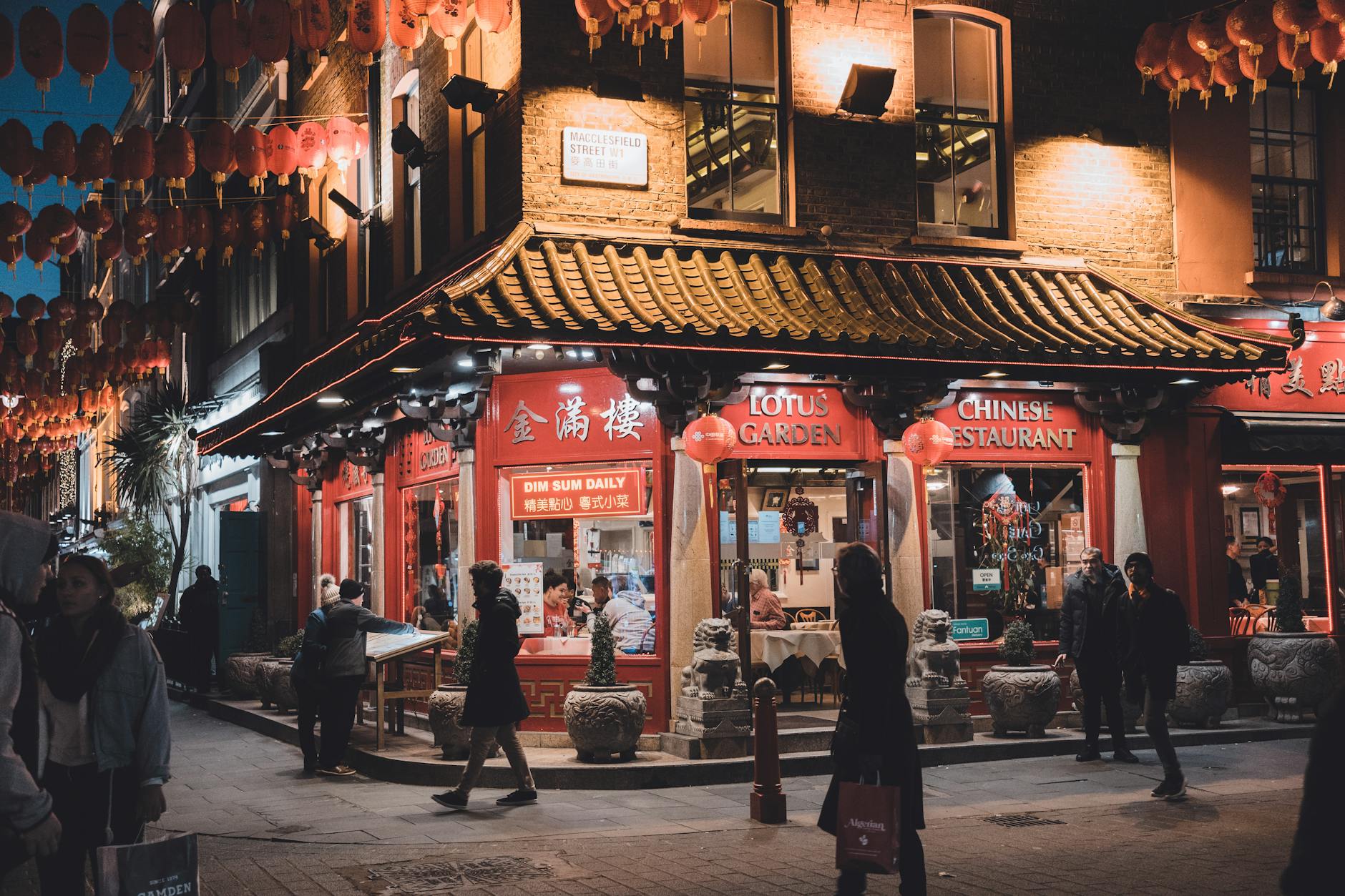 London Chinatown restaurant street illuminated at night