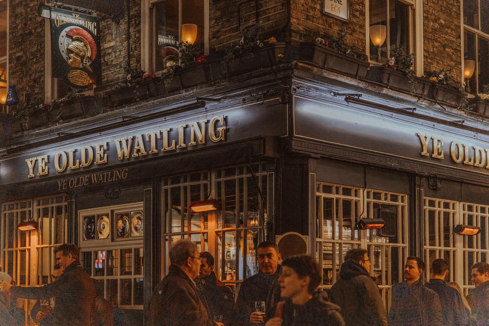 London pub exterior at night