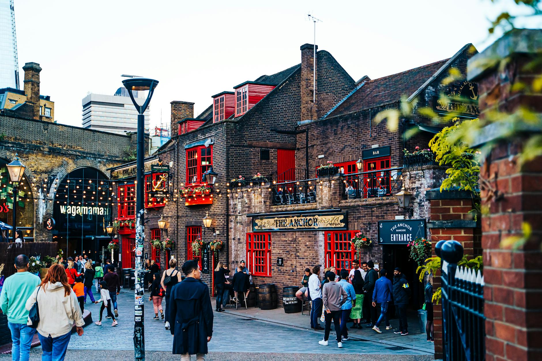 Evening crowd outside a London pub