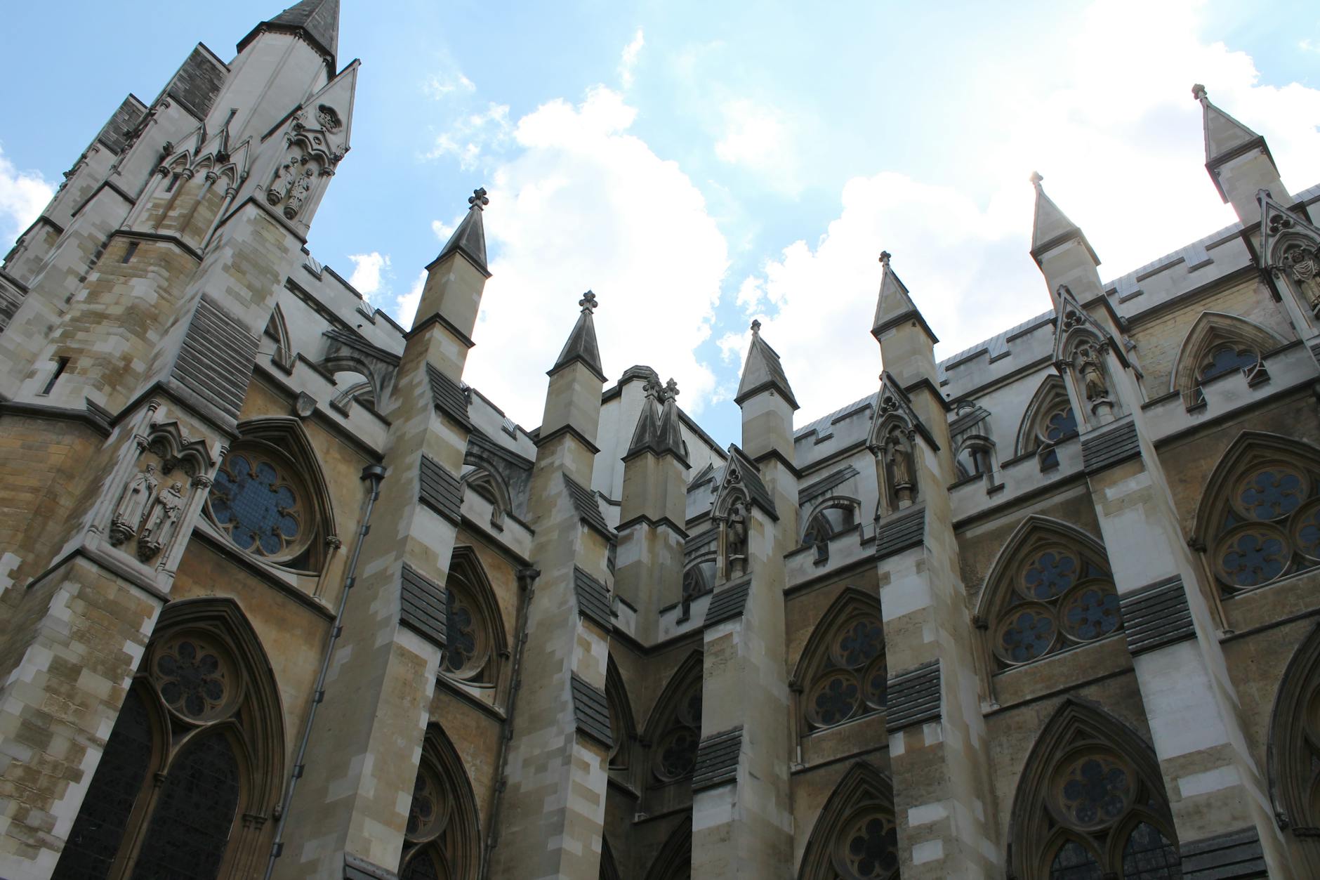 Gothic spires and stonework at Westminster Abbey in London
