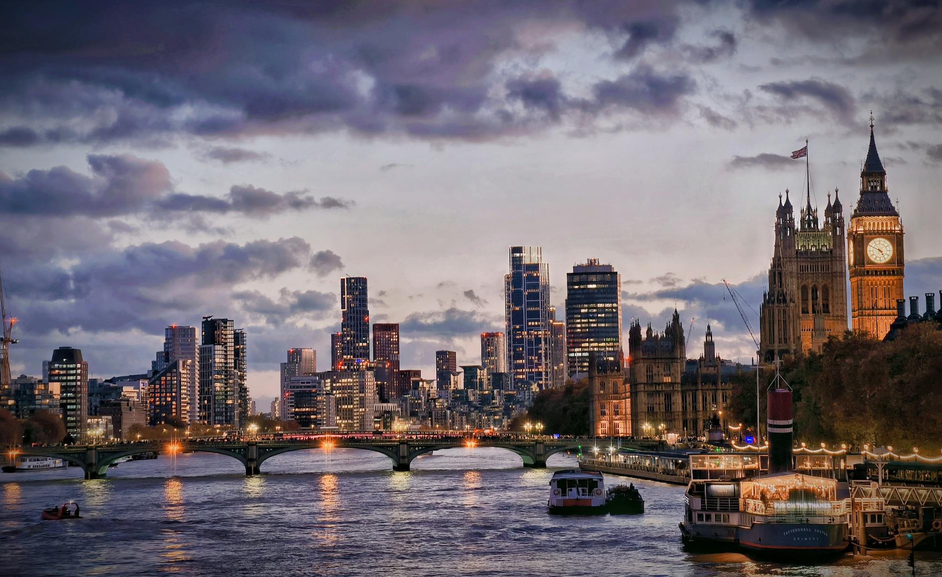 London skyline and Thames at evening with Big Ben in view