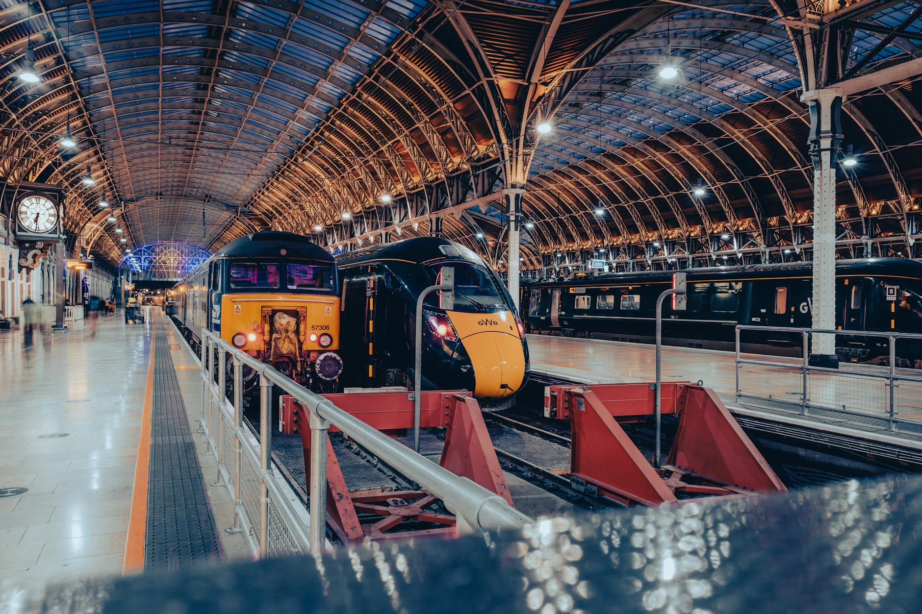 Modern trains under the arched roof at Paddington Station