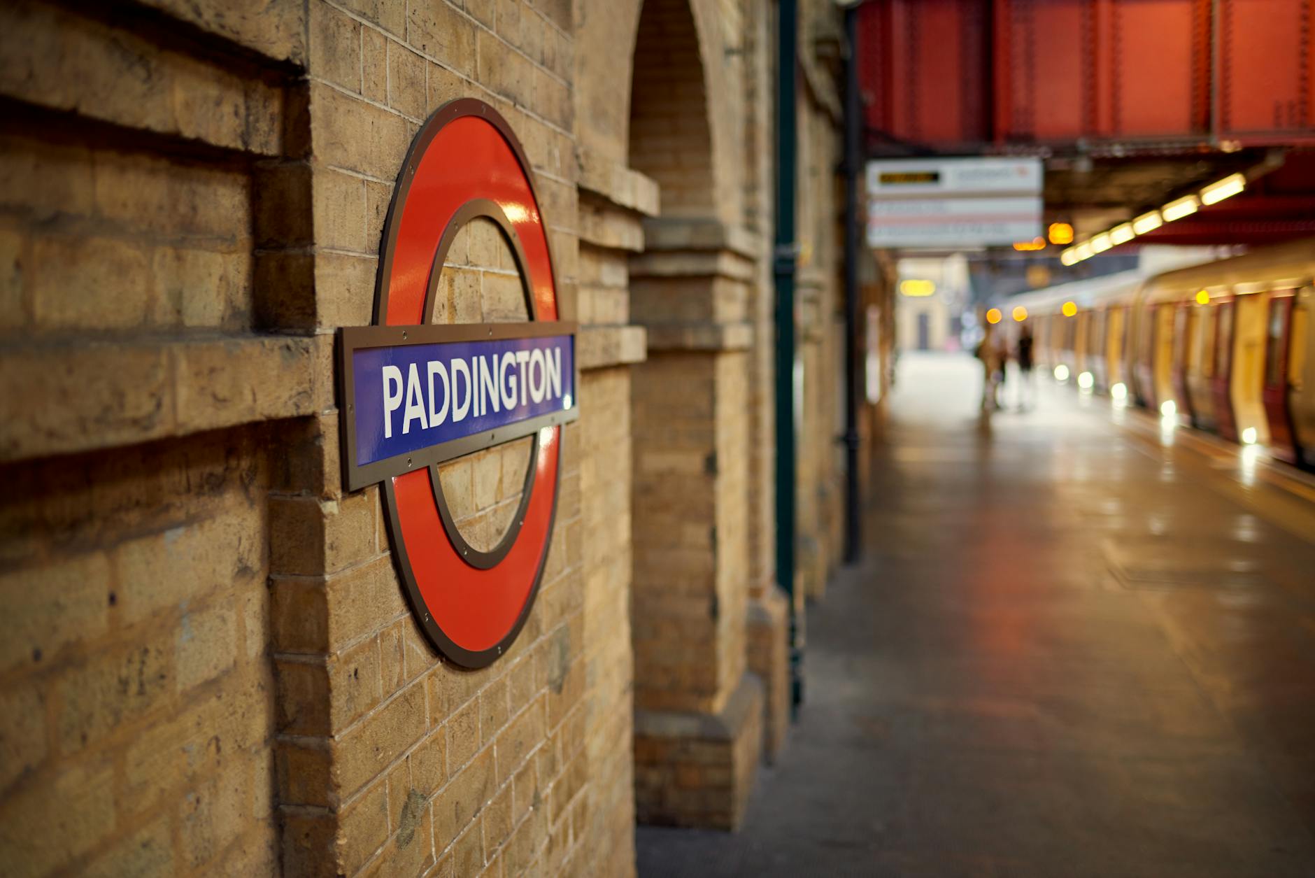 Paddington Station platform and roundel in London