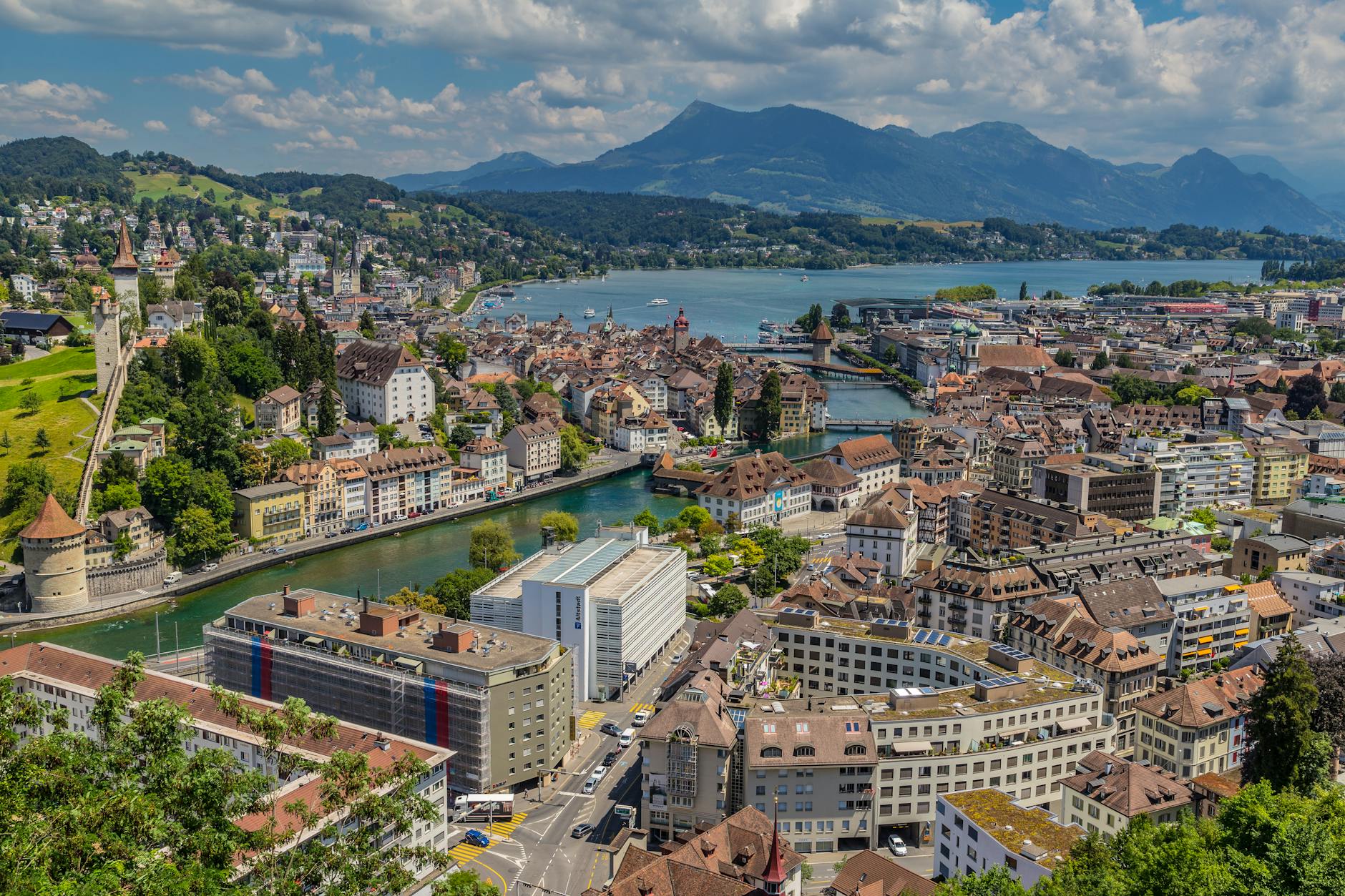 Aerial Lucerne city and lake view for conference hotel geography.