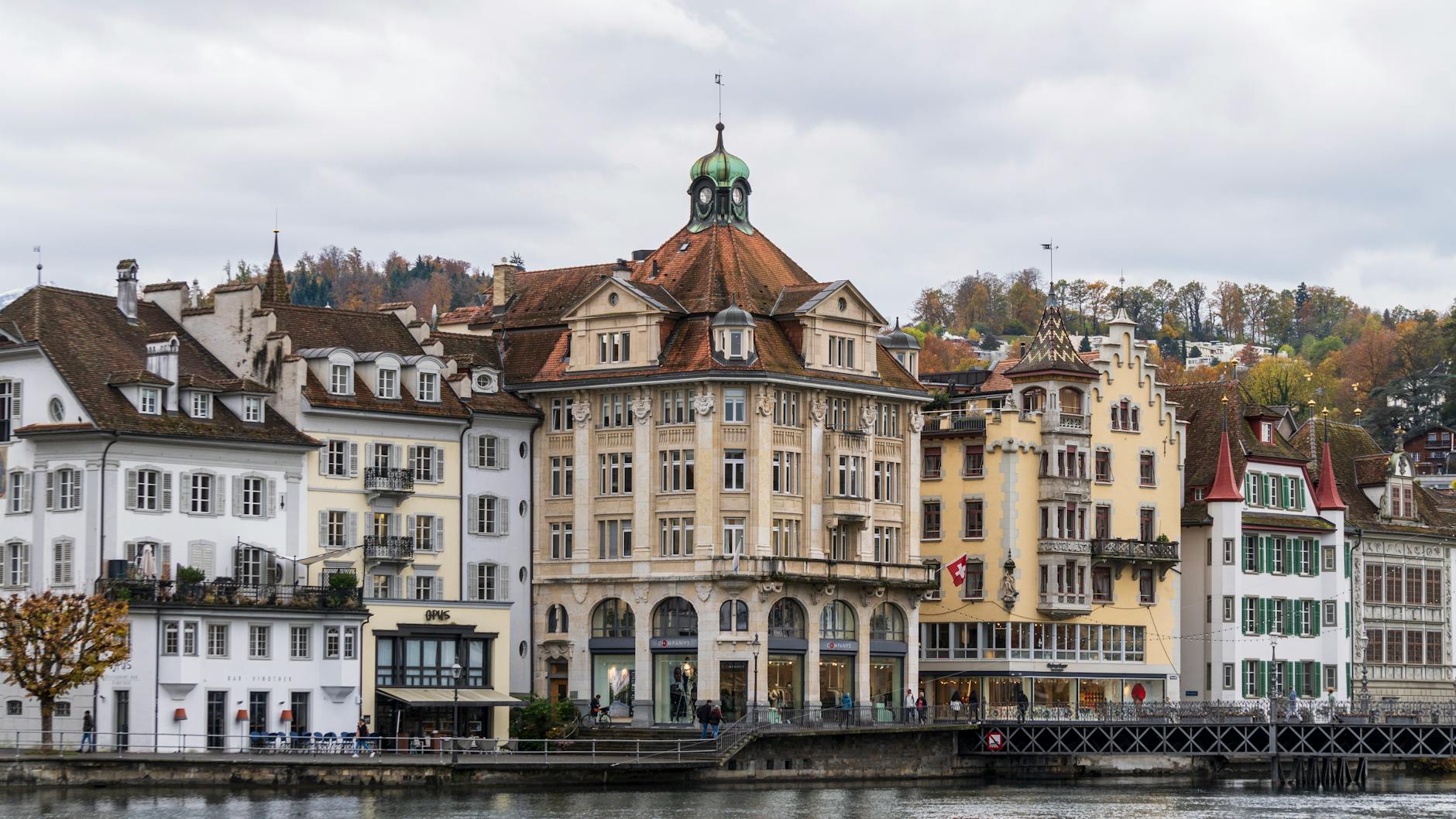 Historic Lucerne waterfront buildings for budget travel report planning.