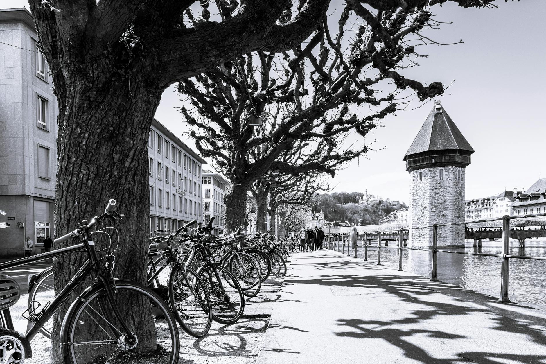 Bicycles near Chapel Bridge in Lucerne for low-cost movement planning.