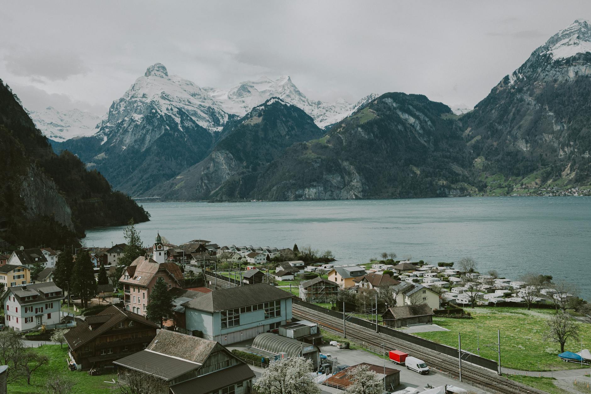 Aerial Lake Lucerne village for creator rail and gear movement planning.