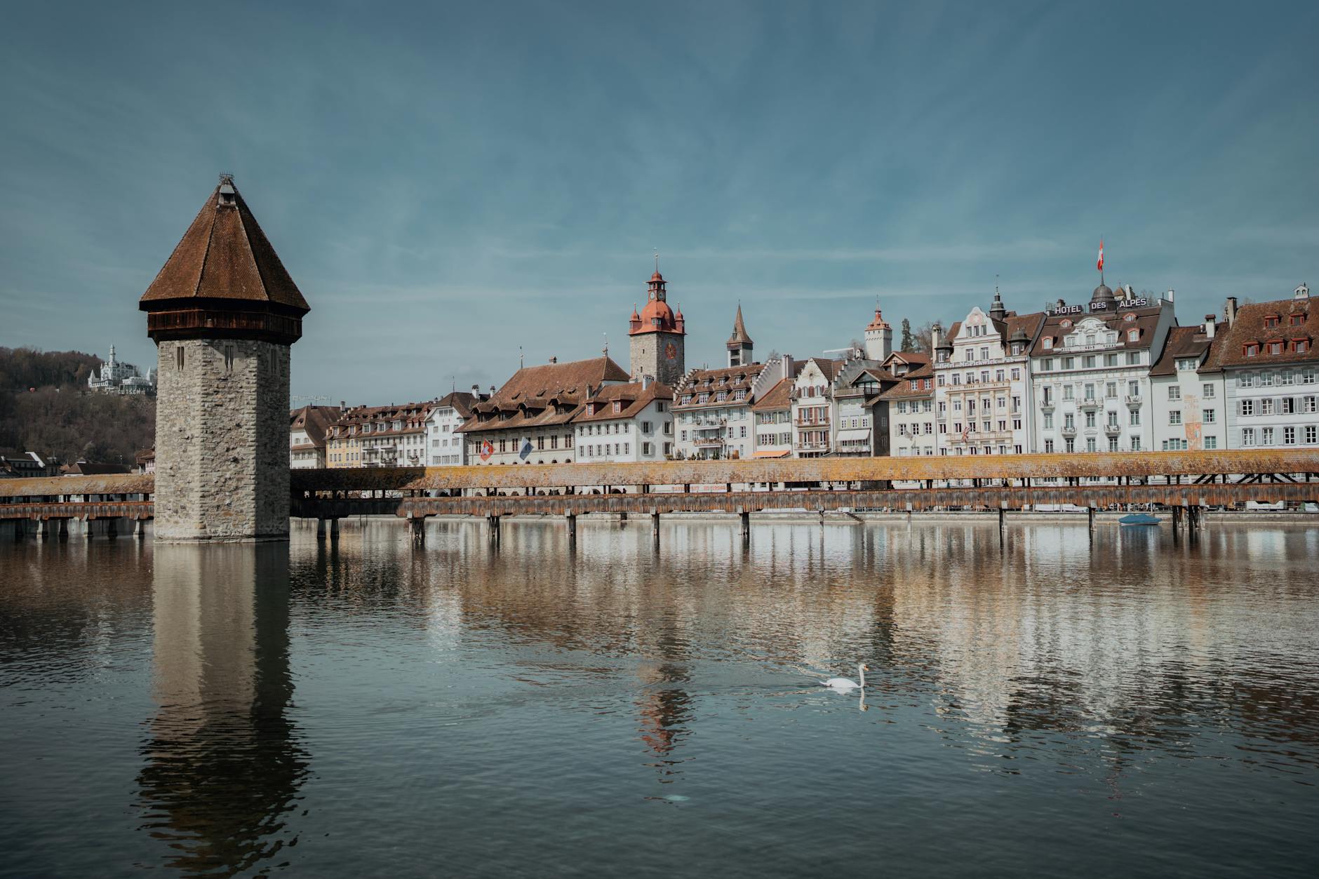 Chapel Bridge reflection in Lucerne for first walking route planning.