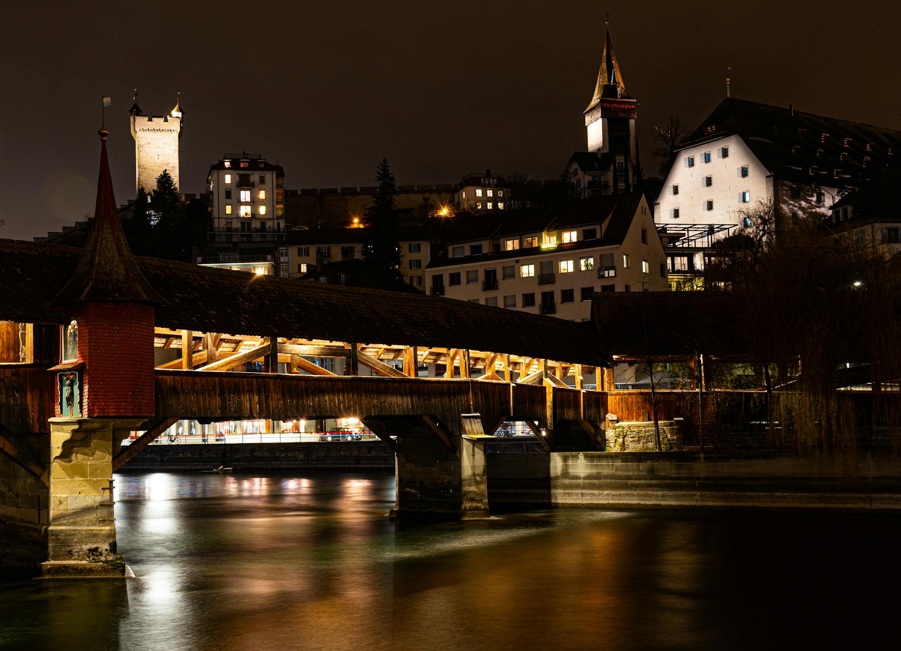 Chapel Bridge reflections in Lucerne for journalist file and gear workflow planning.