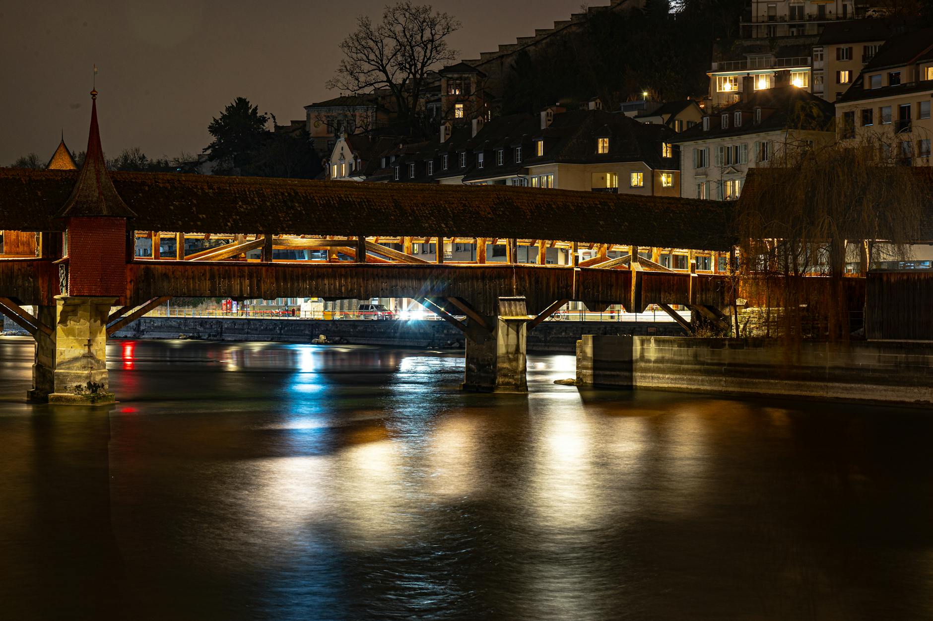 Chapel Bridge at night in Lucerne for nightlife-focused traveler planning.