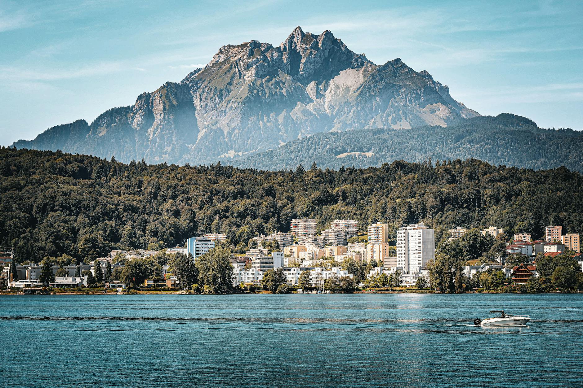 Lucerne cityscape with Mount Pilatus and lake view for weather-aware planning.