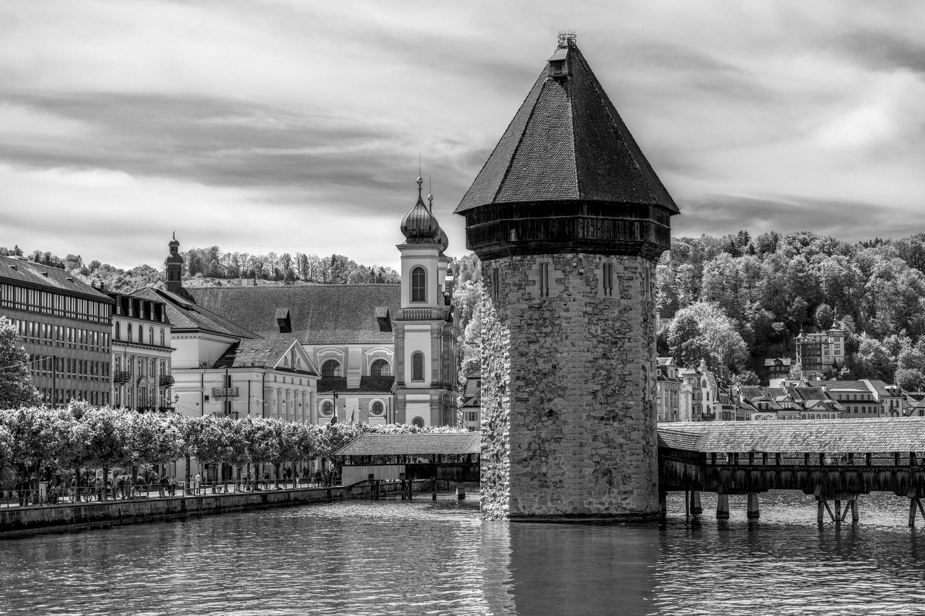 Chapel Bridge and Water Tower in Lucerne for student budget sightseeing planning.