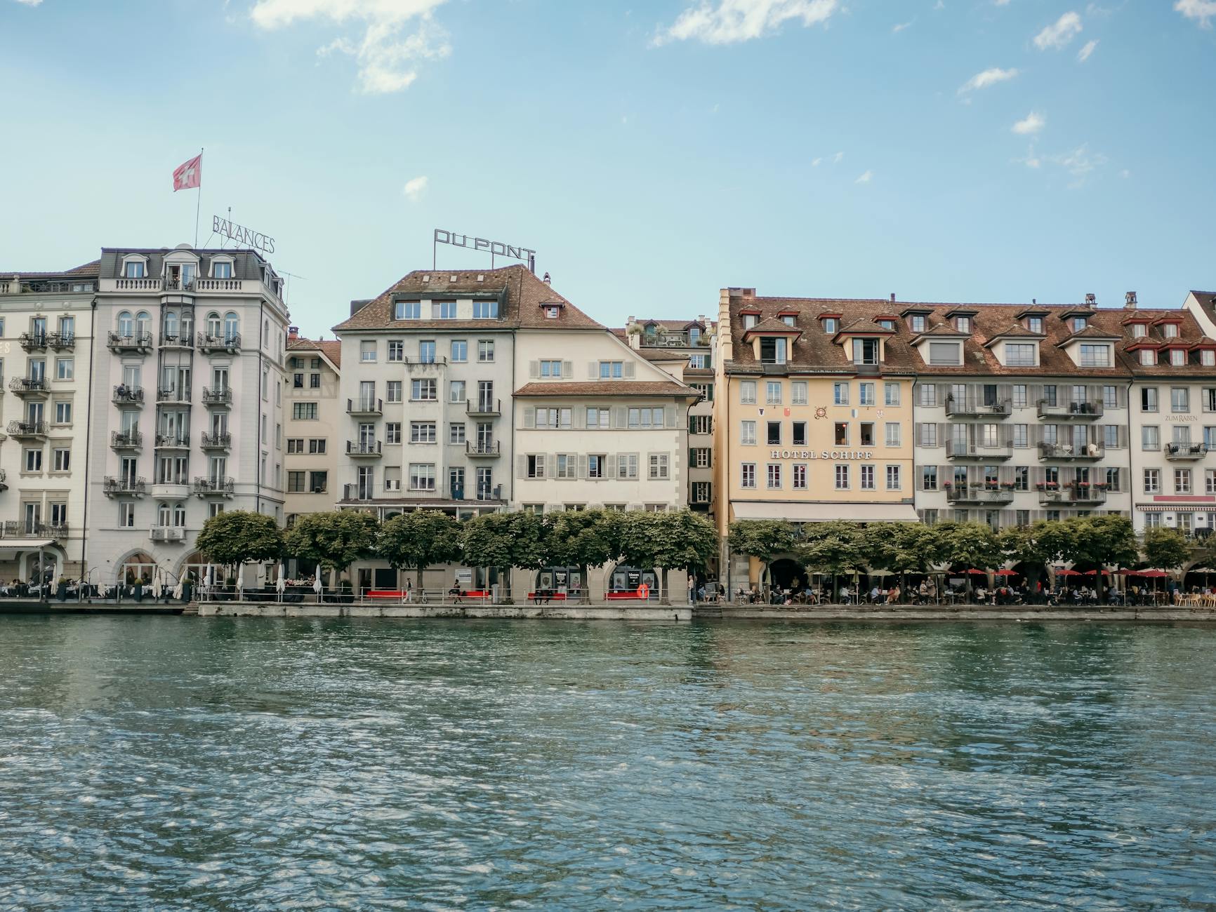 Lucerne waterfront architecture along the Reuss River for route and surface planning.