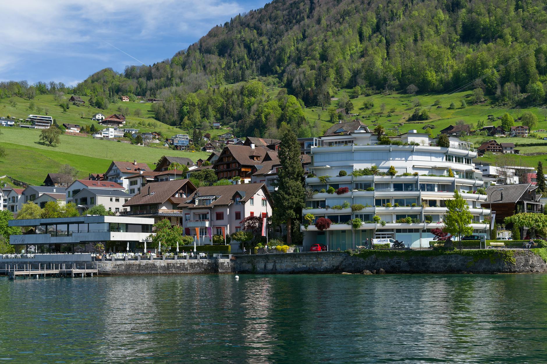 Lake Lucerne buildings and shoreline for short accessible route planning.