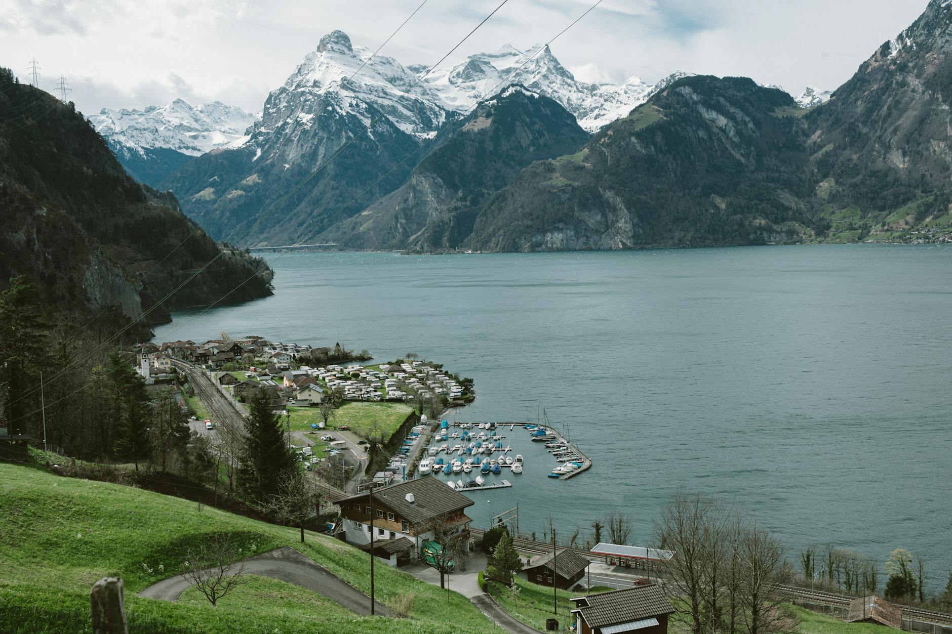 Lake Lucerne village and mountains for volunteer trip purpose planning.