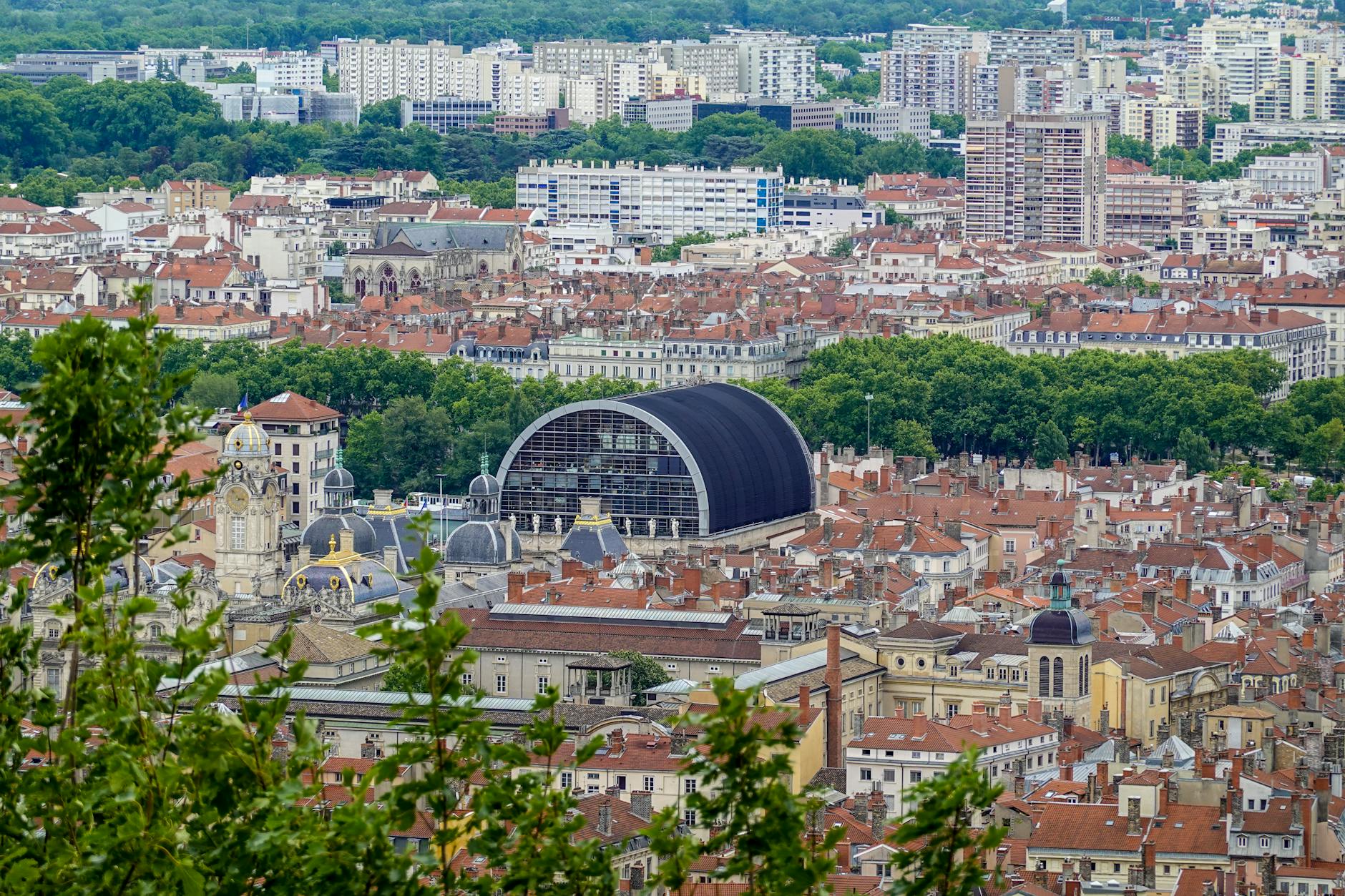 Aerial cityscape of Lyon with the Opera National de Lyon