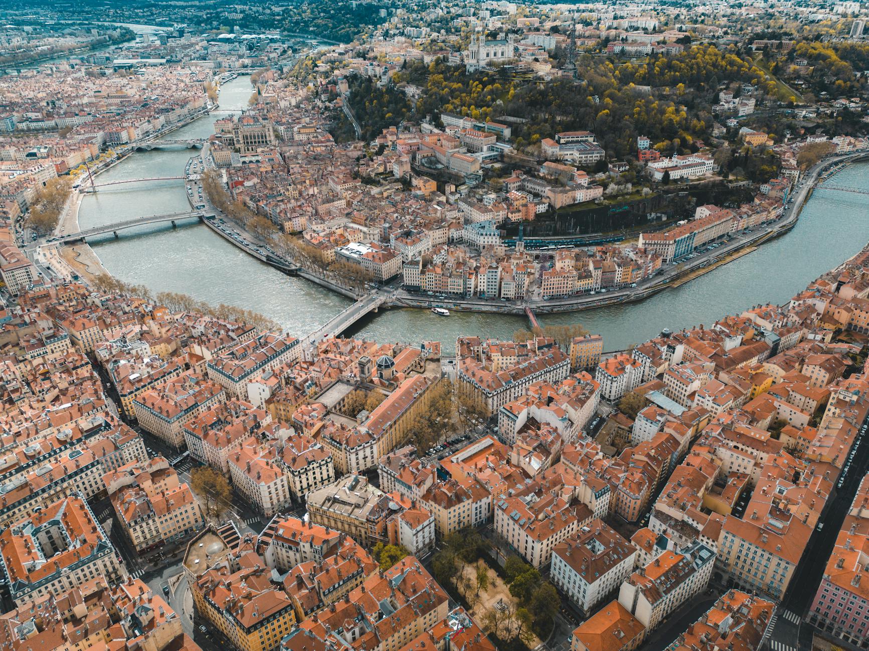 Aerial view of Lyon's rivers and historic cityscape
